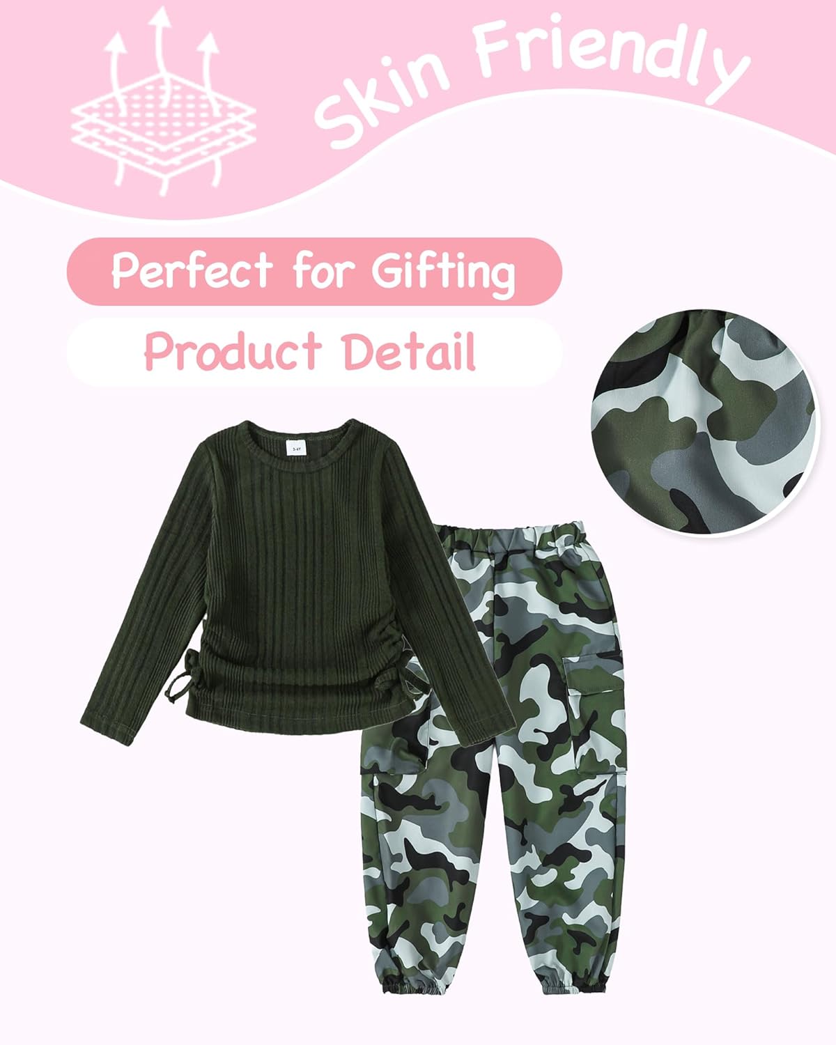 Mikrdoo Toddler Girl Clothes for Girls Outfits Fall Winter Ruched Long Sleeve Crop Top Cargo Pants 2 Piece Clothing Set - Image 4