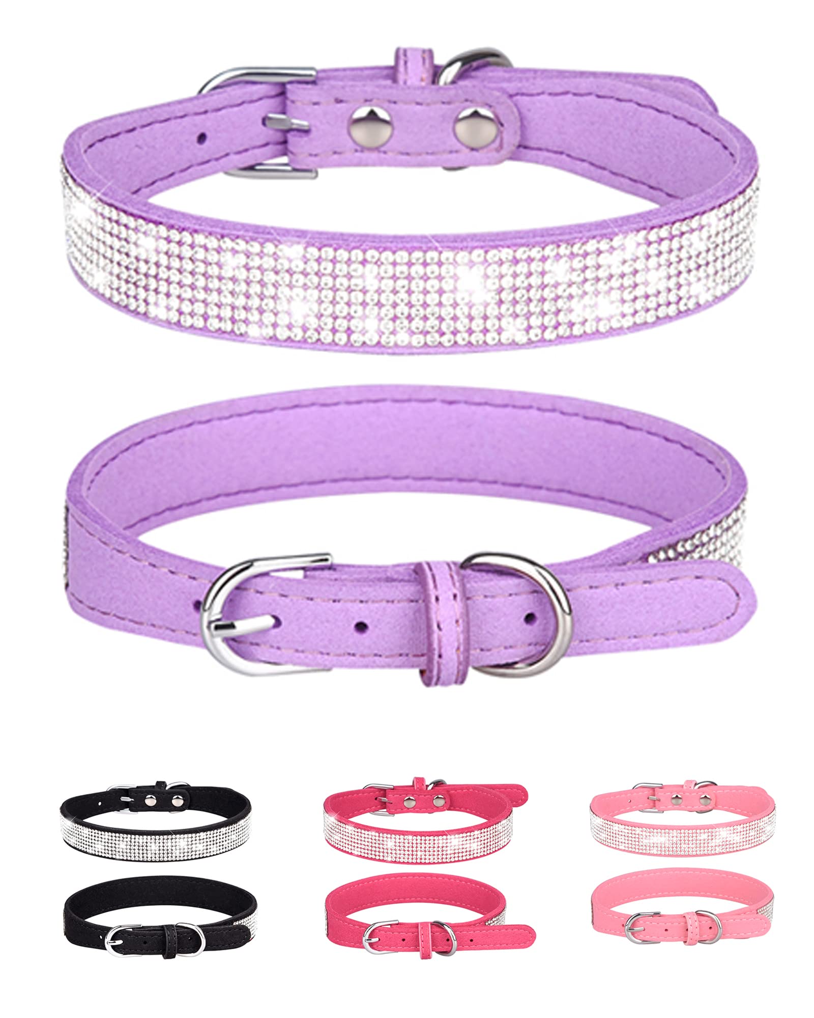 Dog Collar for Small Dogs, Adjustable Leather Suede Bling Dog Collars，Purple Dog Collar Cat Collar, Rhinestone Dog Collar.