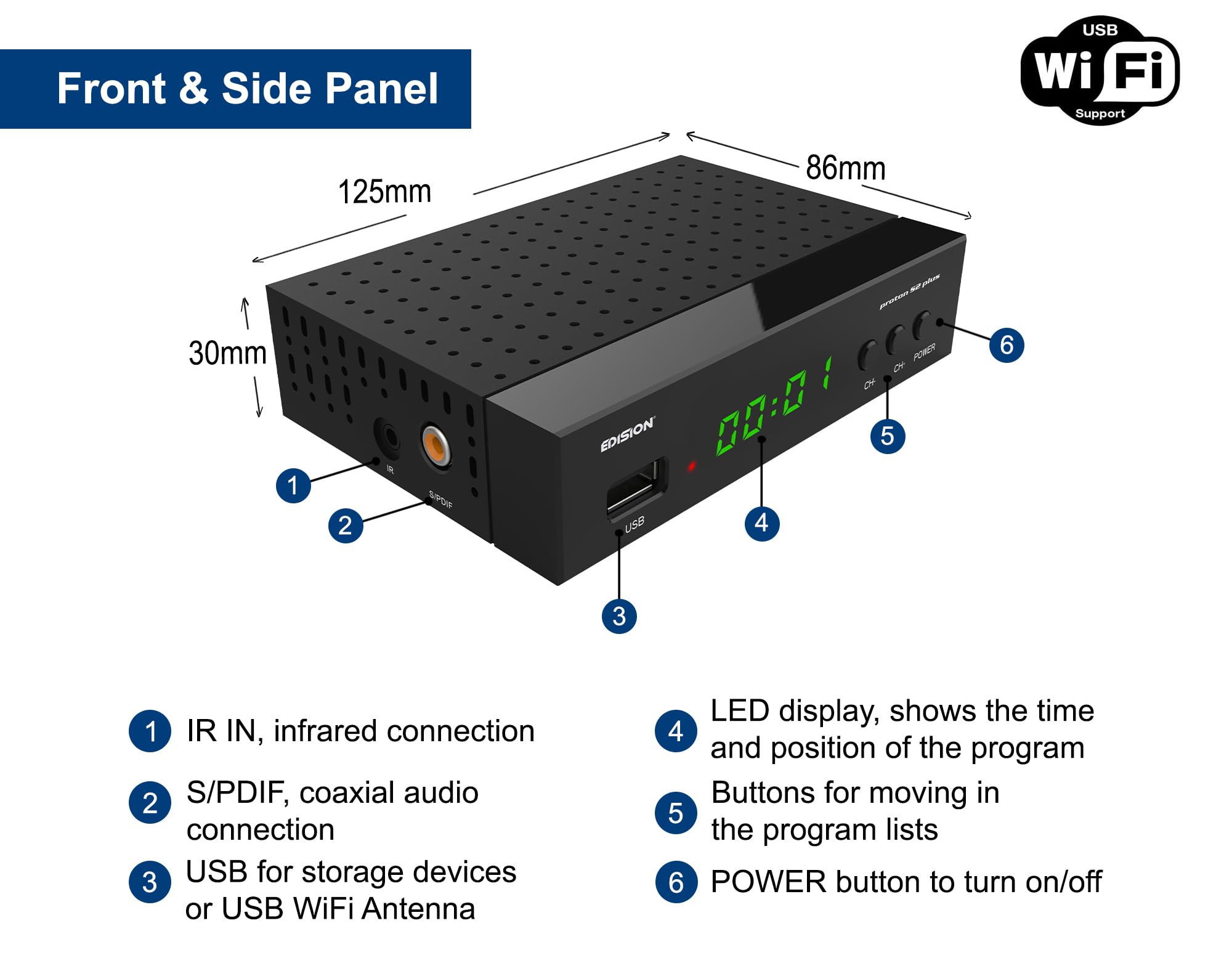 EDISION Proton S2 Plus Full HD Récepteur Satellite DVB-S2 FTA Unicable USB Wi-Fi LAN HDMI