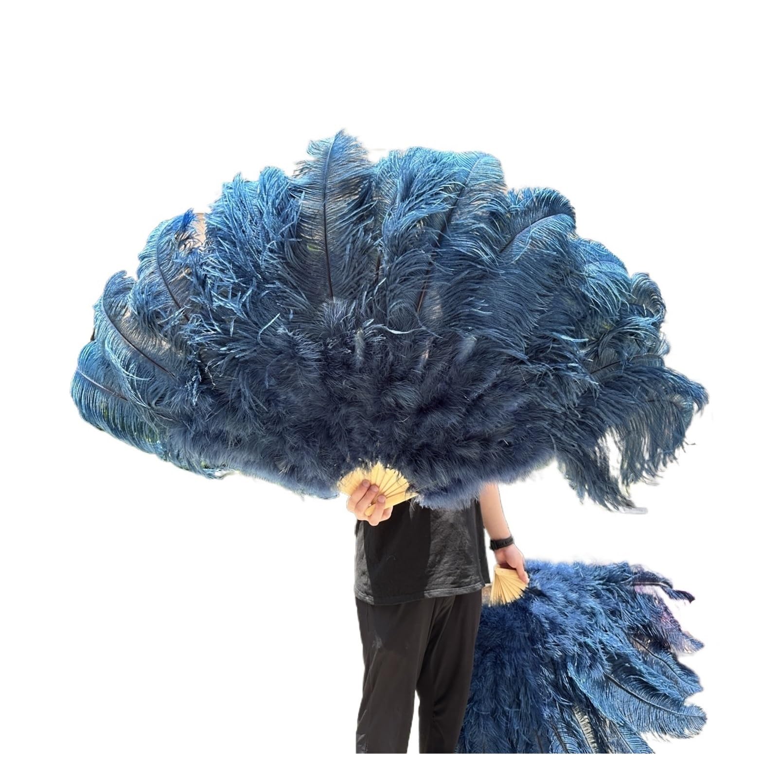 AMEEDA Ostrich feather fan Large 13 Bone Fuffly Feathers Fans 100CM 130CM Rose Red Handheld Plumes fan for Wedding Party Stage Performance Props(Deep Blue,100CM leftRight 2PC)