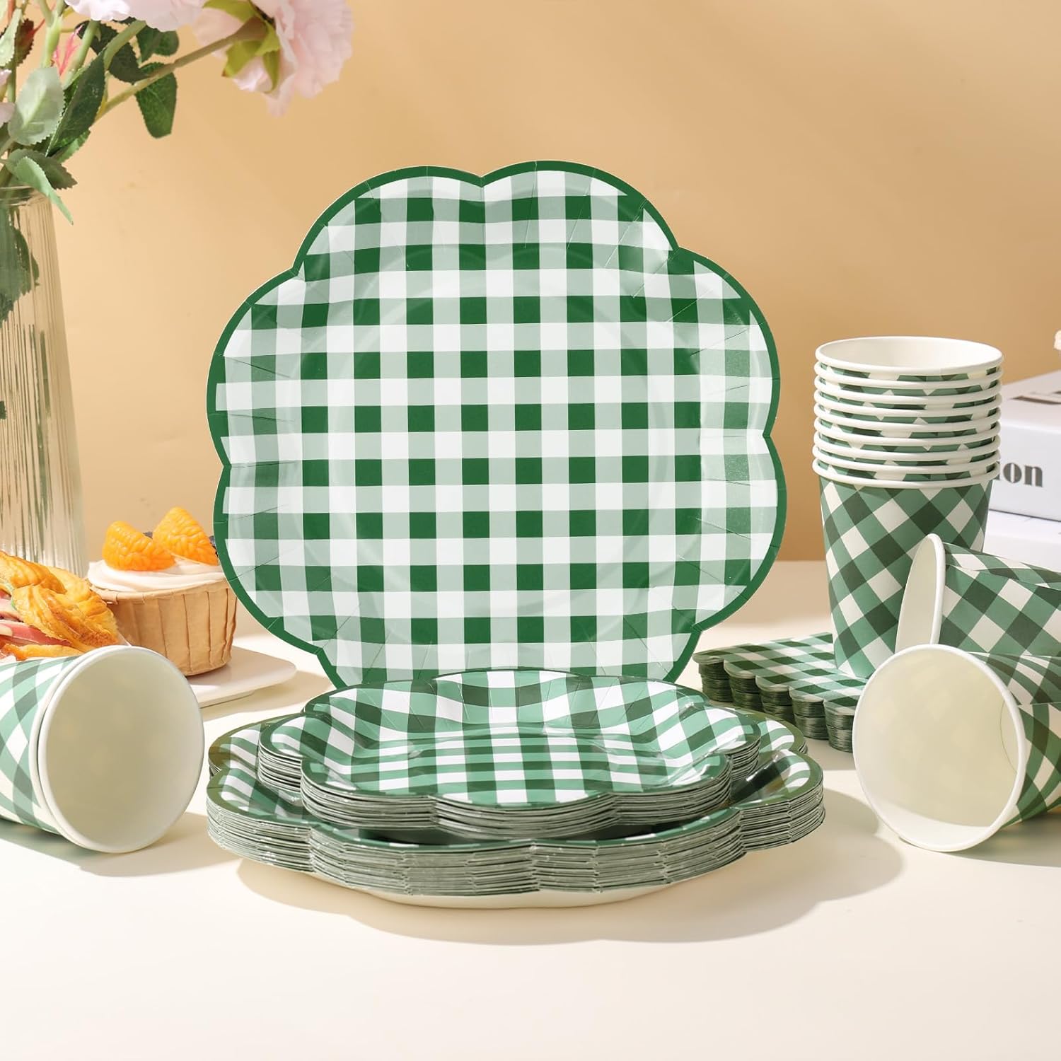 175 Pcs Green Gingham Plates and Napkins Party Supplies - Green and White Checkered Plates Sets Serve 25 Guests - Scalloped Gingham Paper Plate for Picnic BBQ Golf Party Decorations