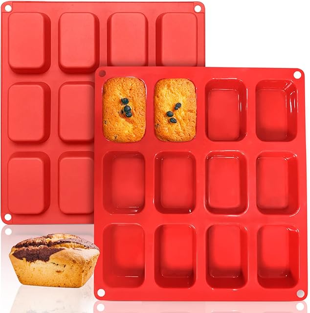 Walfos Silicone Mini Loaf pan, 12 Cavities Mini Bread Pan Brownie Pan, Food Grade & Non-Stick, Ideal for Mini Bread, Brownie, Cornbread, Cheesecake & Chocolate, Set of 2
