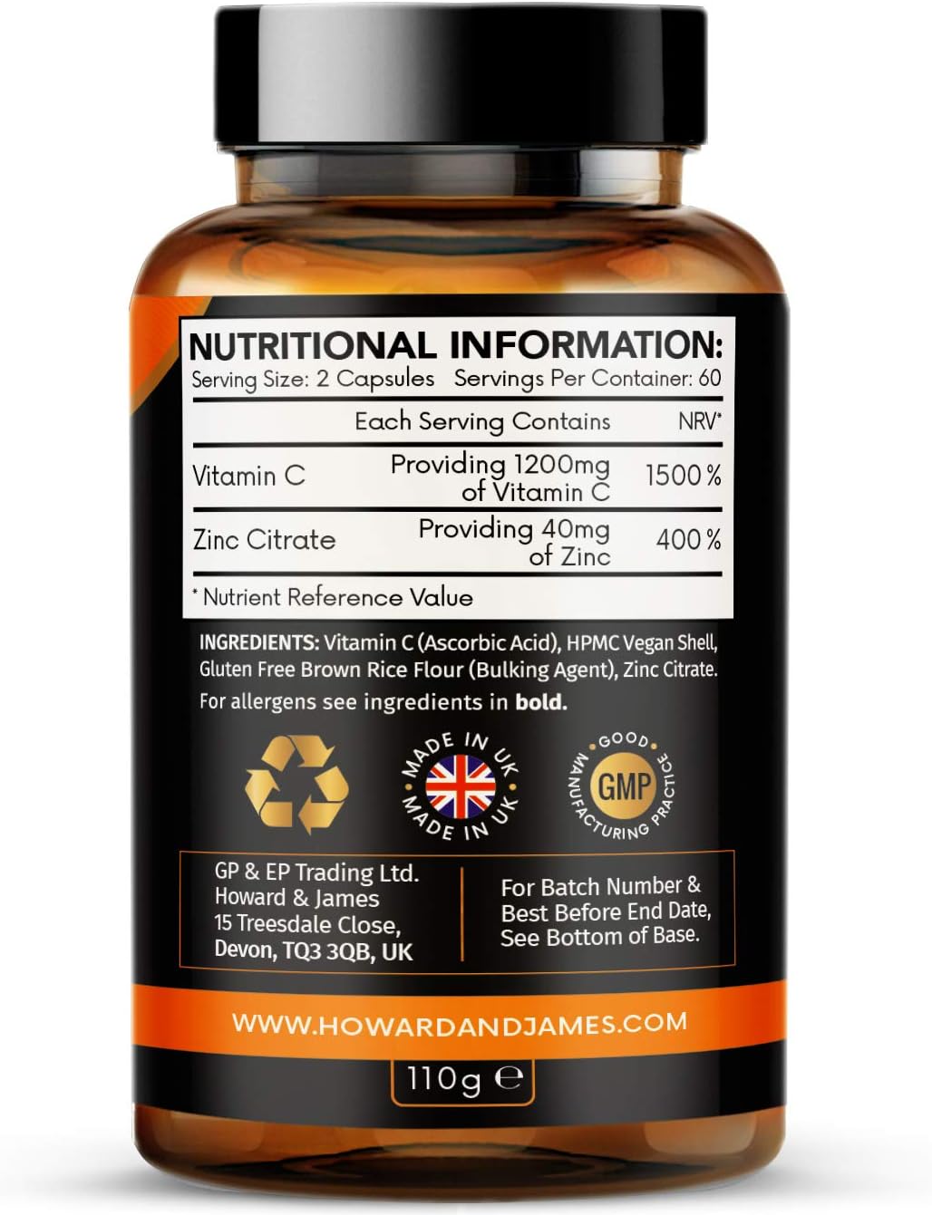 Vitamin C 1200mg and Zinc 40mg per Daily Serving, 120 High Strength Vegan Capsules with Ascorbic Acid, 2 Month Supply - Image 3