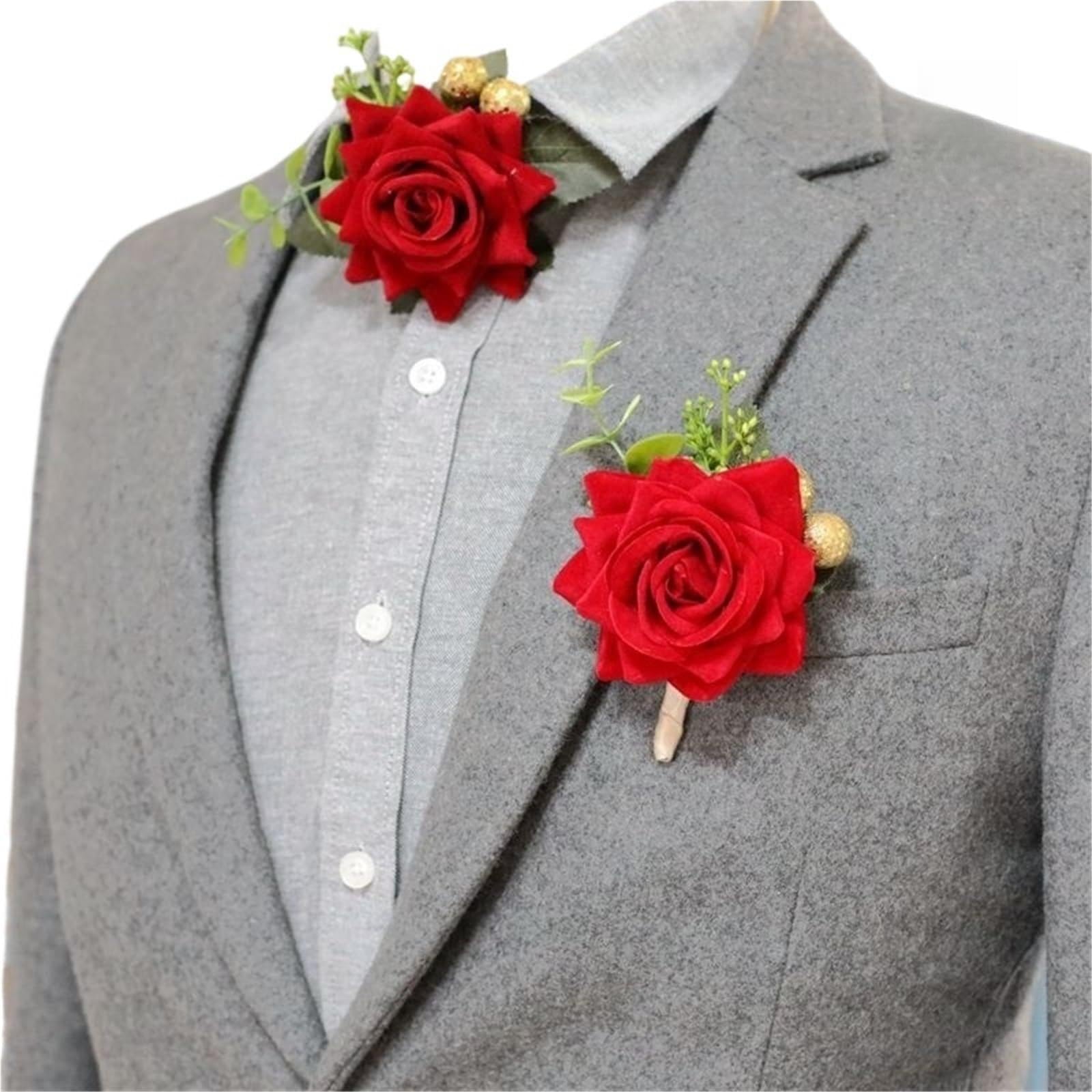 WTAXBH Corsages for Weddings 2pcs Wedding Boutonniere Bride Bridesmaid Wrist Corsage Groom Pins Flower Silk Red Simulation Rose(B)