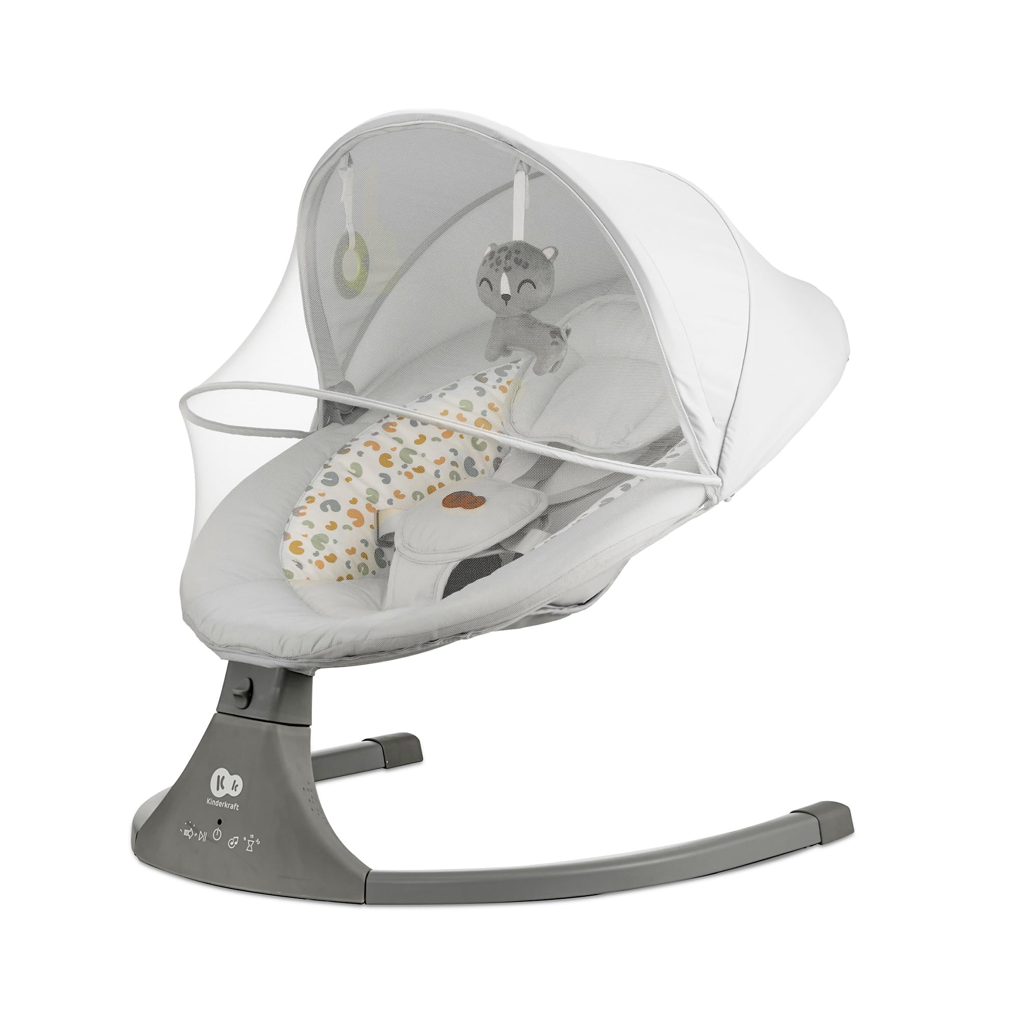 Kinderkraft LUMI 2 Sdraietta, Altalena elettrica, Dalla nascita fino a 9 mesi, Altezza regolabile, 5 modalità di altalena, 12 melodie, Arco con giocattoli, Grigio chiaro