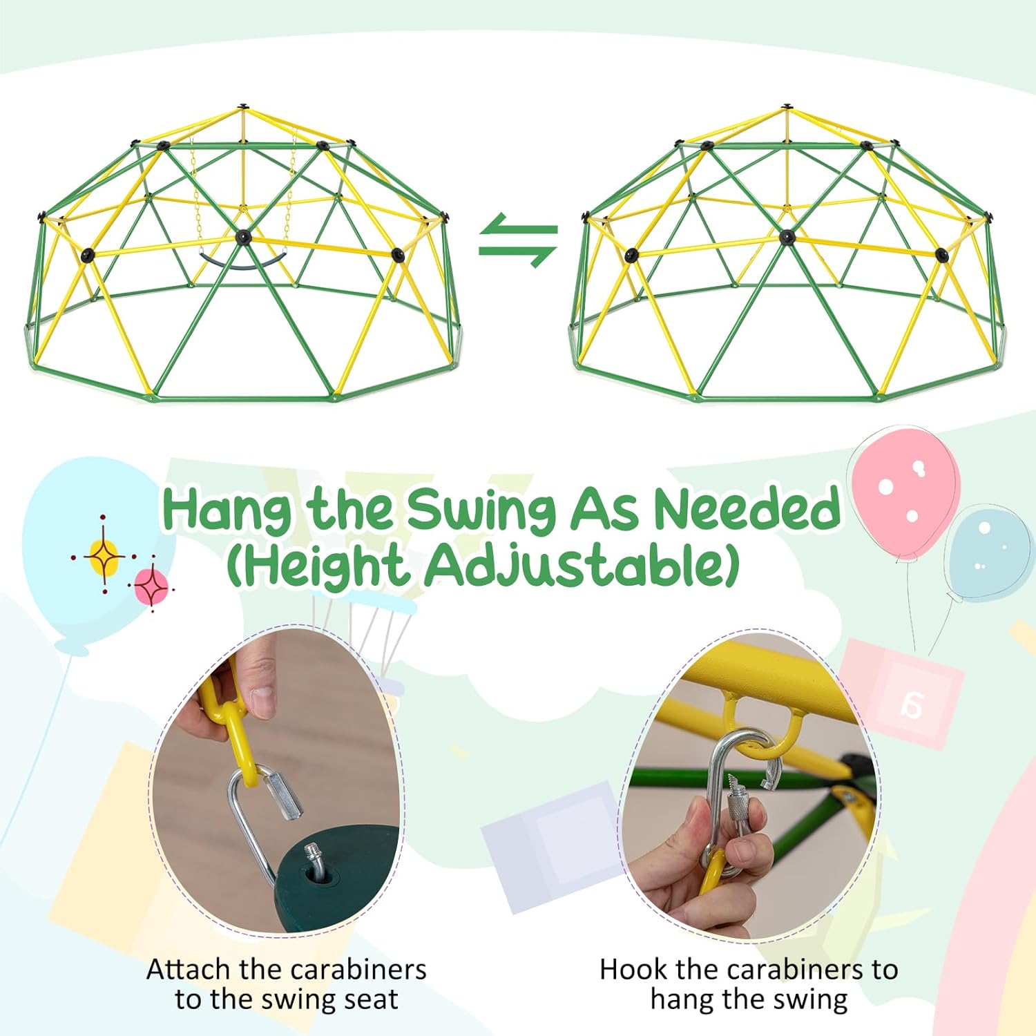 HONEY JOY 10FT Climbing Dome with Swing, Upgrade Jungle Gym Monkey Bar for Backyard, Outdoor Climbing Toys for Toddlers Playground Equipment, Supports 800 LBS, Geometric Dome Climber for Kids, Green