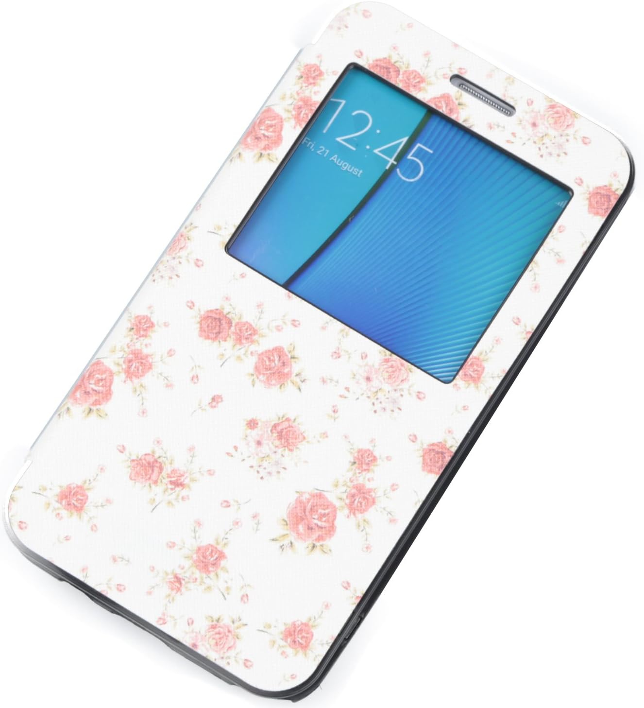 Samsung Galaxy Note5 Case, Note 5 Case Smart Window View Flip Case Leather PU Bumper Case Flip Cover Full Body Case Magnetic Floral Design for Samsung note5 Cover (Ivory)