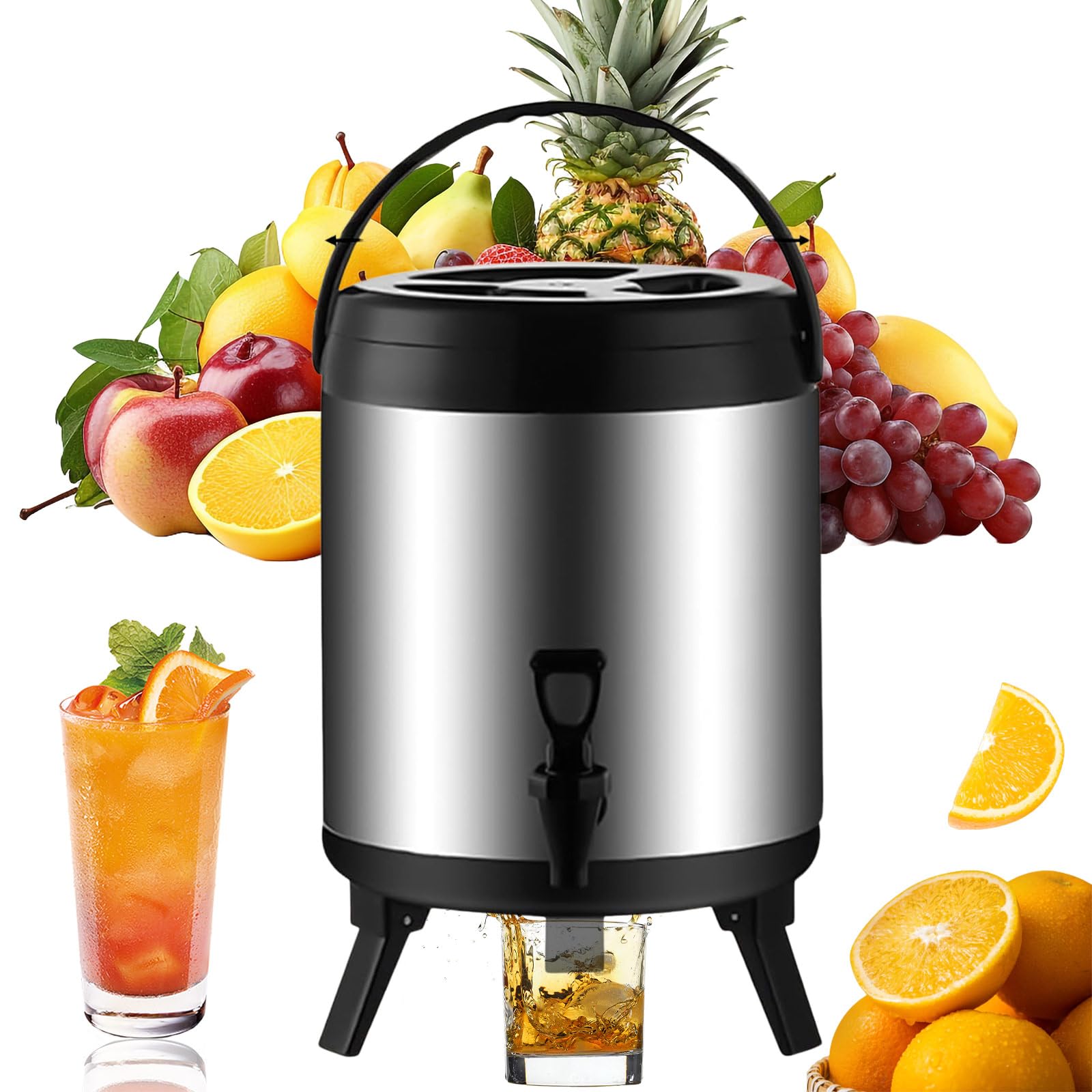 Distributeur de Boissons Isotherme 6/8/10L,Thermos Distributeur de Boissons Chaude et Froide,Inox alimentaire Conservation Longue durée Chaude et Froide,pour Camping et Restauration (6L)