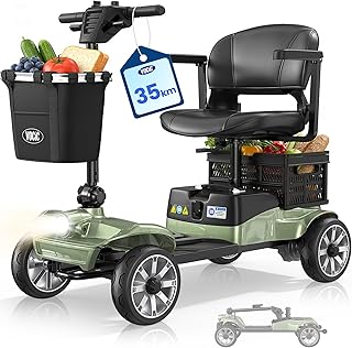 VOCIC D35 Seniorenmobil klappbar 35KM, 40L Doppelten Korb Elektromobil für Senioren bis 136KG, mit 20CM großen Rädern, 40L Doppelten Korb, ergonomischer verstellbarer Sitz, abnehmbarer Akku, Olivgrün