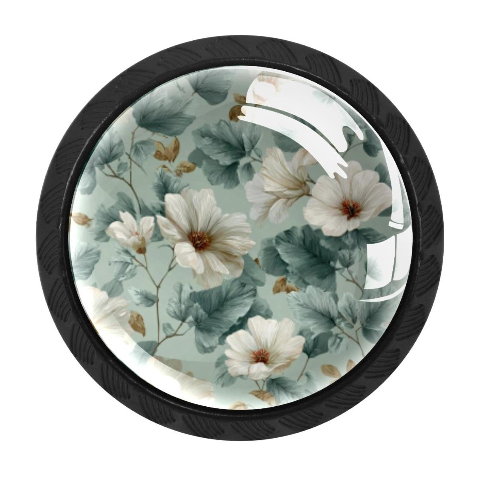 CHENZZZZ 4 PCS Sage Green Flowers with Leaves Pattern (6) Crystal Glass Cabinet Knob Drawer Pull Handle for Kitchen Cupboard Dresser Wardrobe etc
