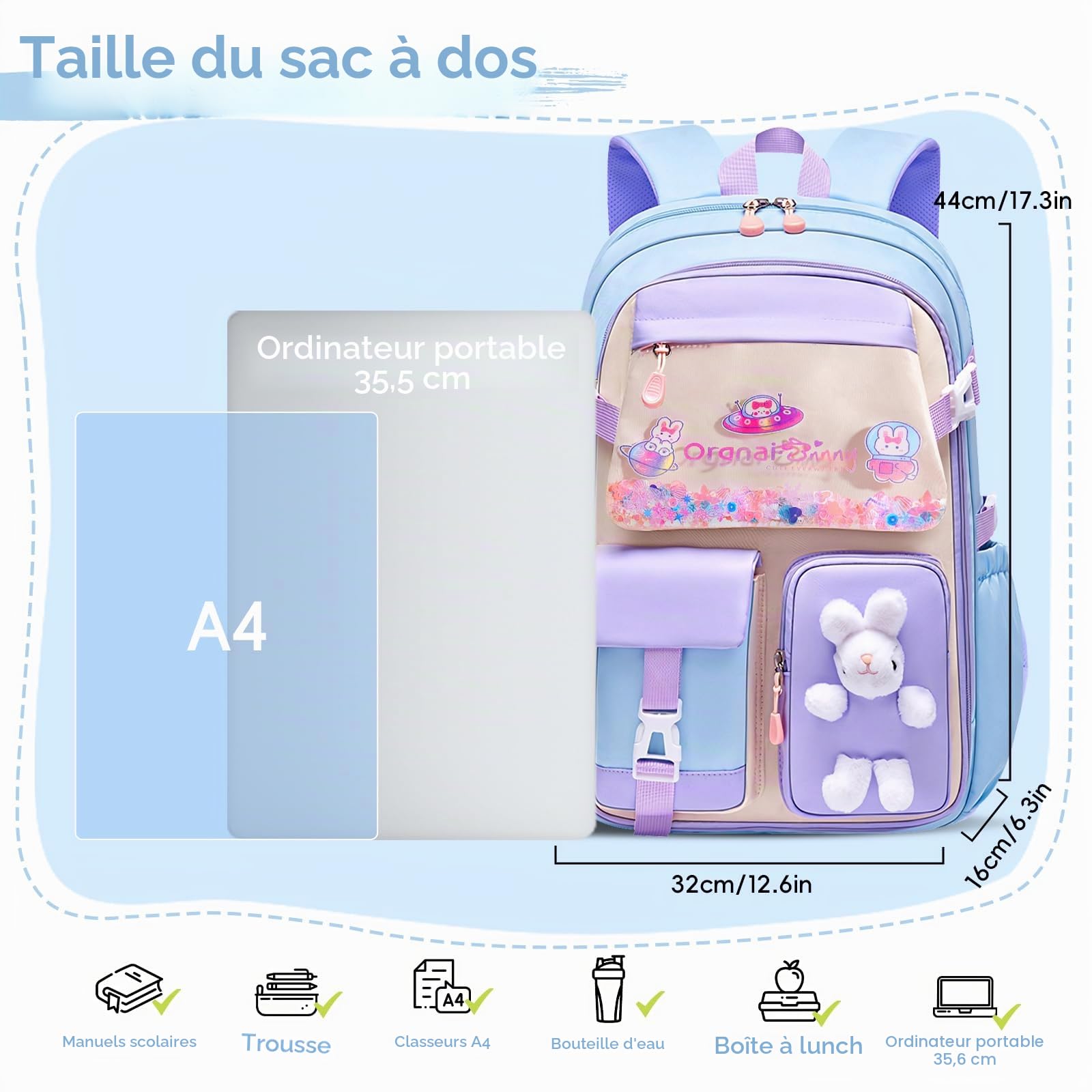 Tanou Sac d'école Fille Primaire, Cartable Scolaire Kawaii en 3 Pièces | Léger et Confortable Sac à Dos Fille avec Sac repas et Trousses, CE1 au CM2, Bleu
