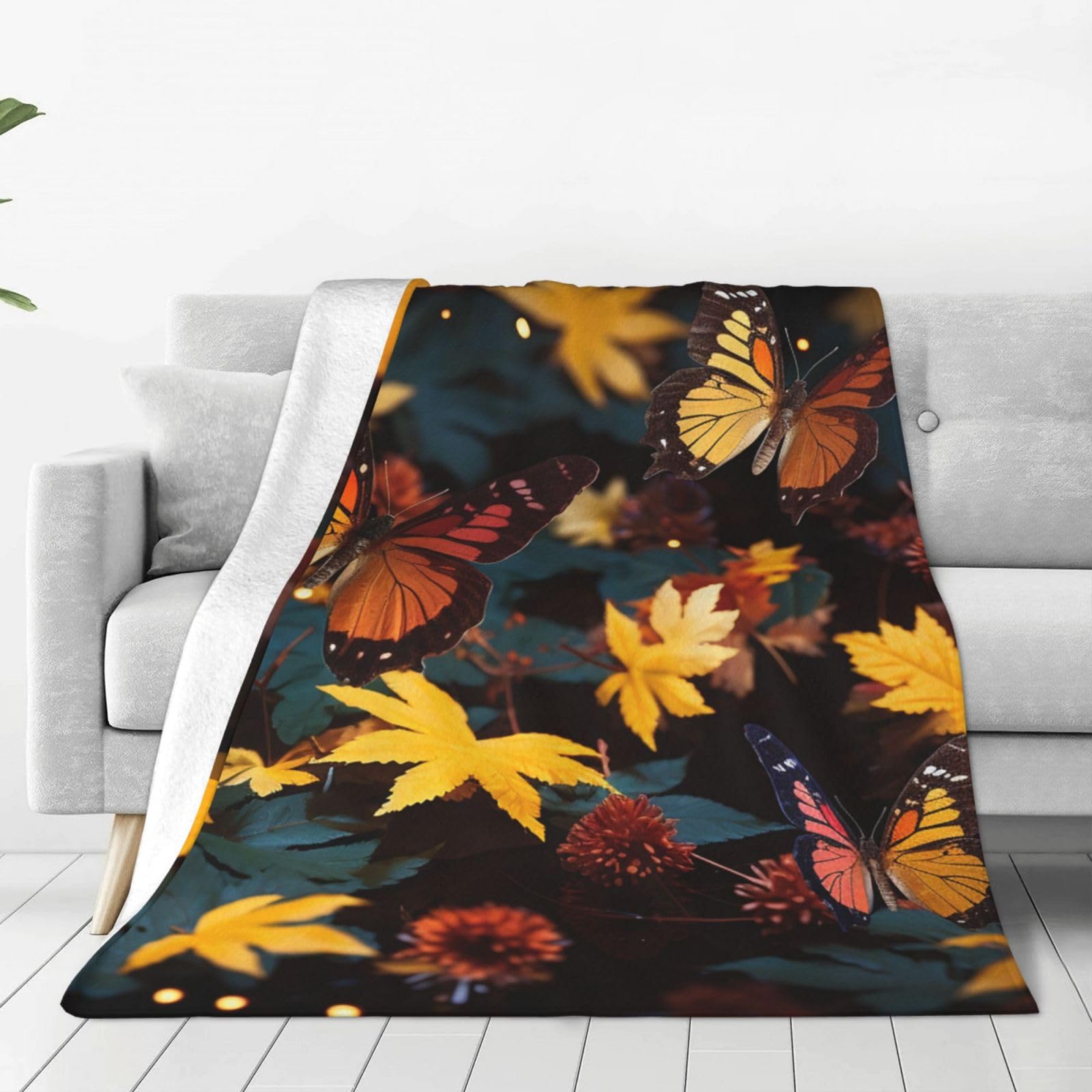 Autumn with Butterflies and Leaves Throw Blanket for Couch, Plush Fuzzy Soft Flannel Blankets and Throws for Sofa, 80"x60" Bed Blankets for Travel Camping Chair, All Season Warm Fleece Blanket