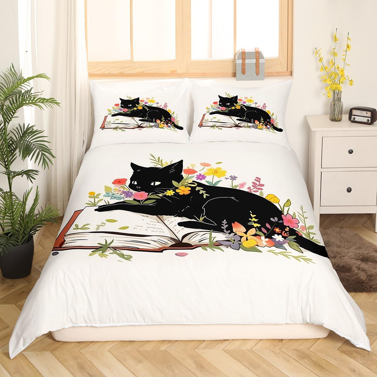 Manfei Cute Cat Duvet Cover,Cartoon Pet Animal Reading Book Print King Size Duvet Cover for Kids Adults,Nature Watercolor Blooming Flowers Soft Comforter Cover(No Filler) with Zipper Closure