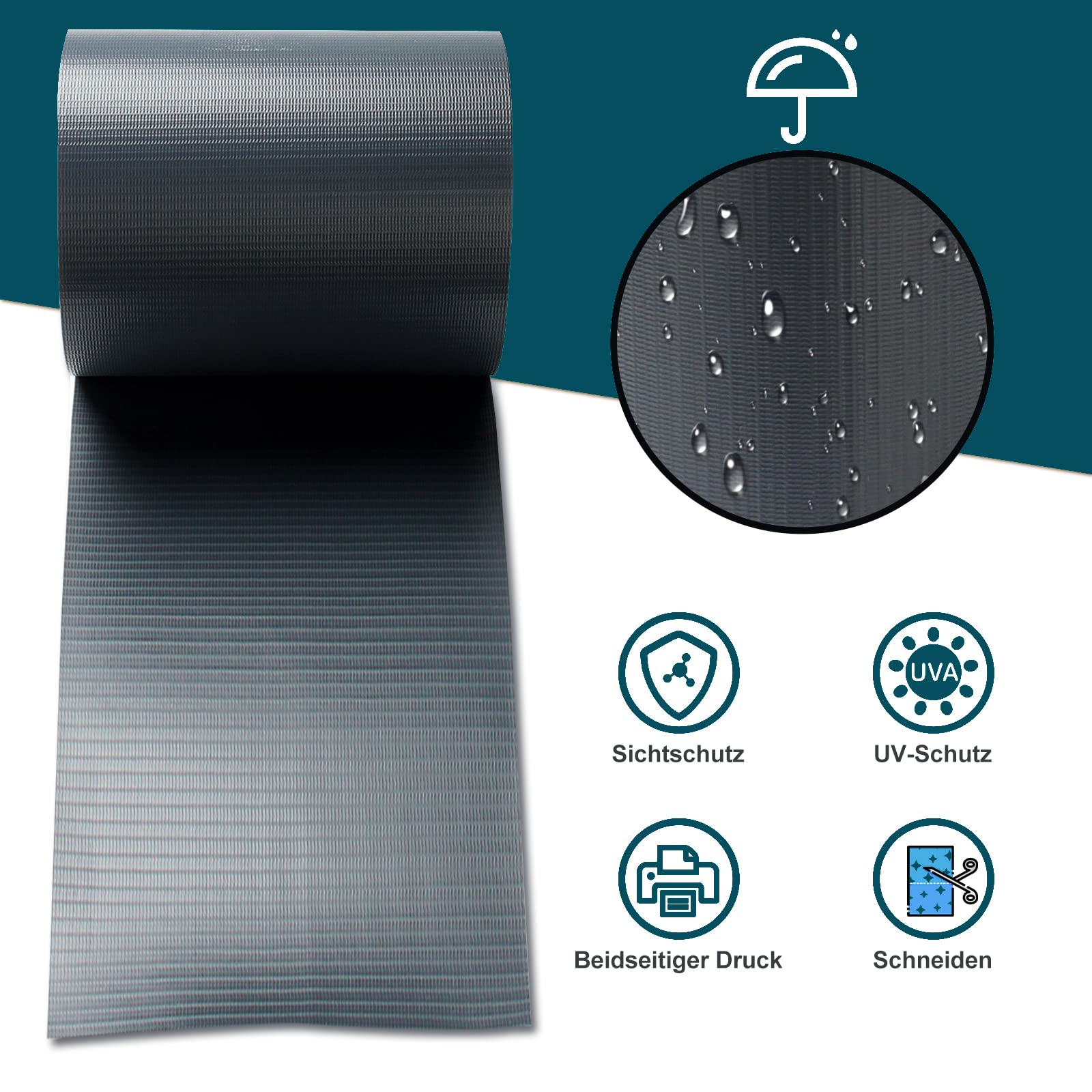 Yakimz PVC Inkijkbescherming voor tuin, 50 meter met 40 clips, PVC zichtwerende stroken voor dubbelstaafmatten, inkijkbescherming, omheining, weerbestendig, ondoorzichtig, hekfolie, 450 g/m², grijs