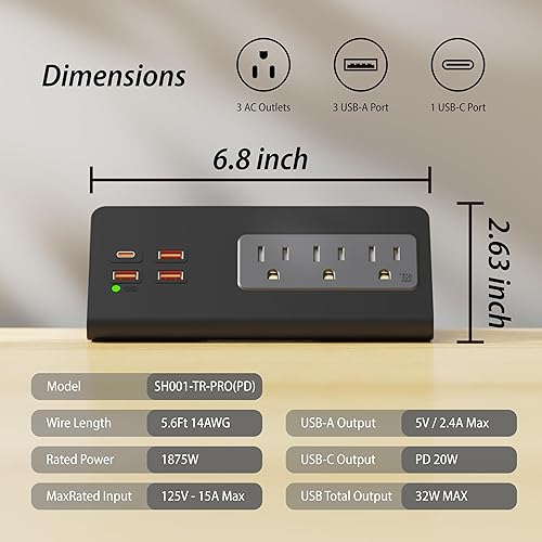 Miniatura 7 de Soporte de abrazadera de borde para estación de carga eléctrica con puertos USB-C protector de sobretensiones de mesa enchufes de alimentación con