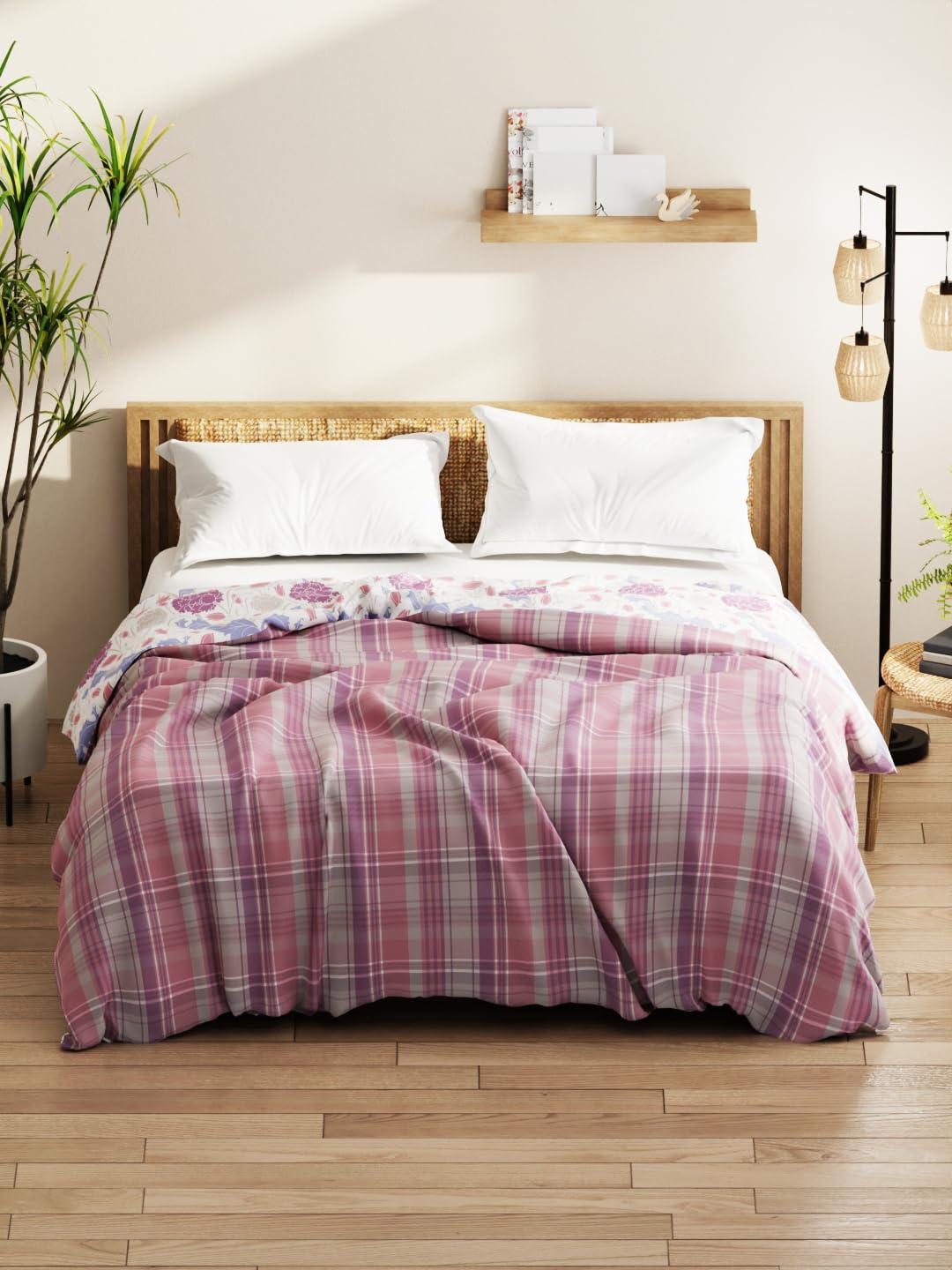 KOPA Super Soft Bamboo Micro Double Comforter for All Weather -1pc Double Size (Denim Cotton Feel) | Cotton Feel Reversible Lightweight | Bed Comforter for All Weather Checks-Pink/Purple-picture-27