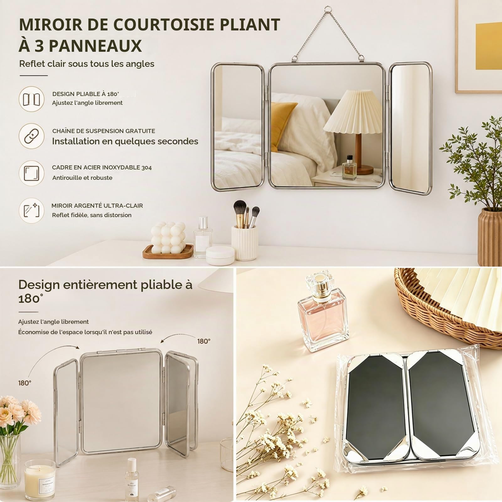 Miroir De Maquillage Carré À Trois Volets, Miroir Mural avec Cadre en Acier Inoxydable 304, Miroir Décoratif HD 30 * 60 Cm, pour Salle De Bain, Chambre