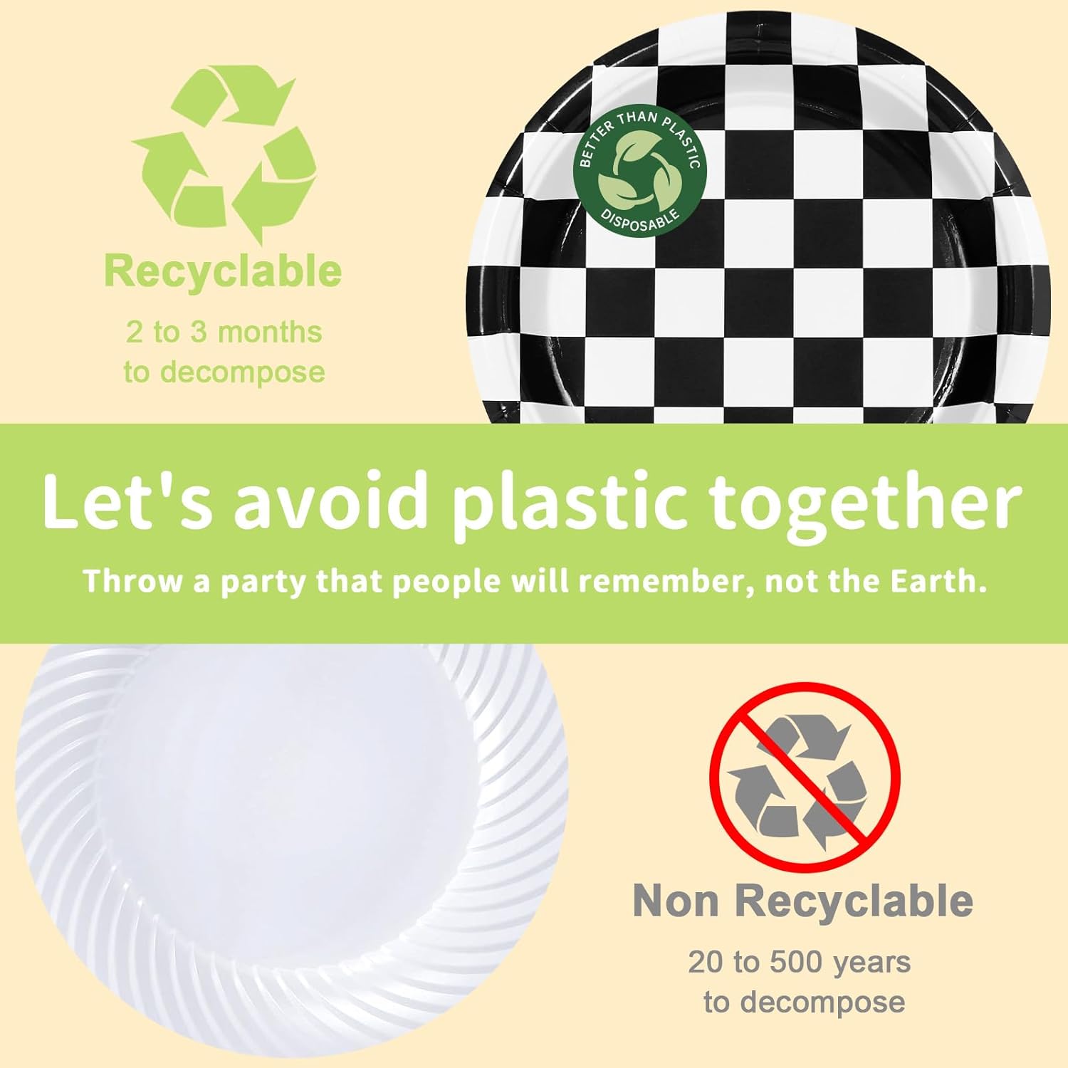 50 Checkered Flag Paper Plates Set Includes 25-9" & 25-7" Disposable Birthday Cake Dessert Black and White Race Car Plates for Party Supplies - Image 4