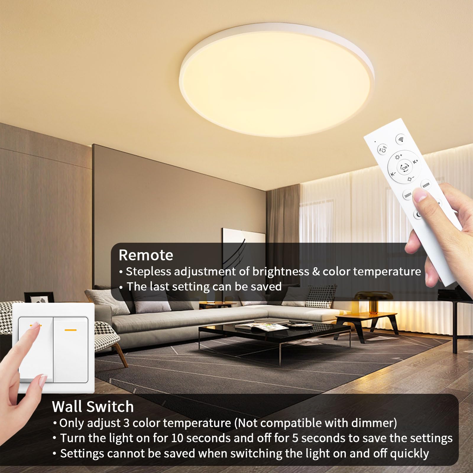 MOONSEA Plafoniera LED Soffitto, Plafoniere 48W 3000-6500K Dimmerabile, Plafoniera LED Soffitto Moderna 50cm per Soggiorno, Camera da letto, Cucina, Ufficio, Bianco