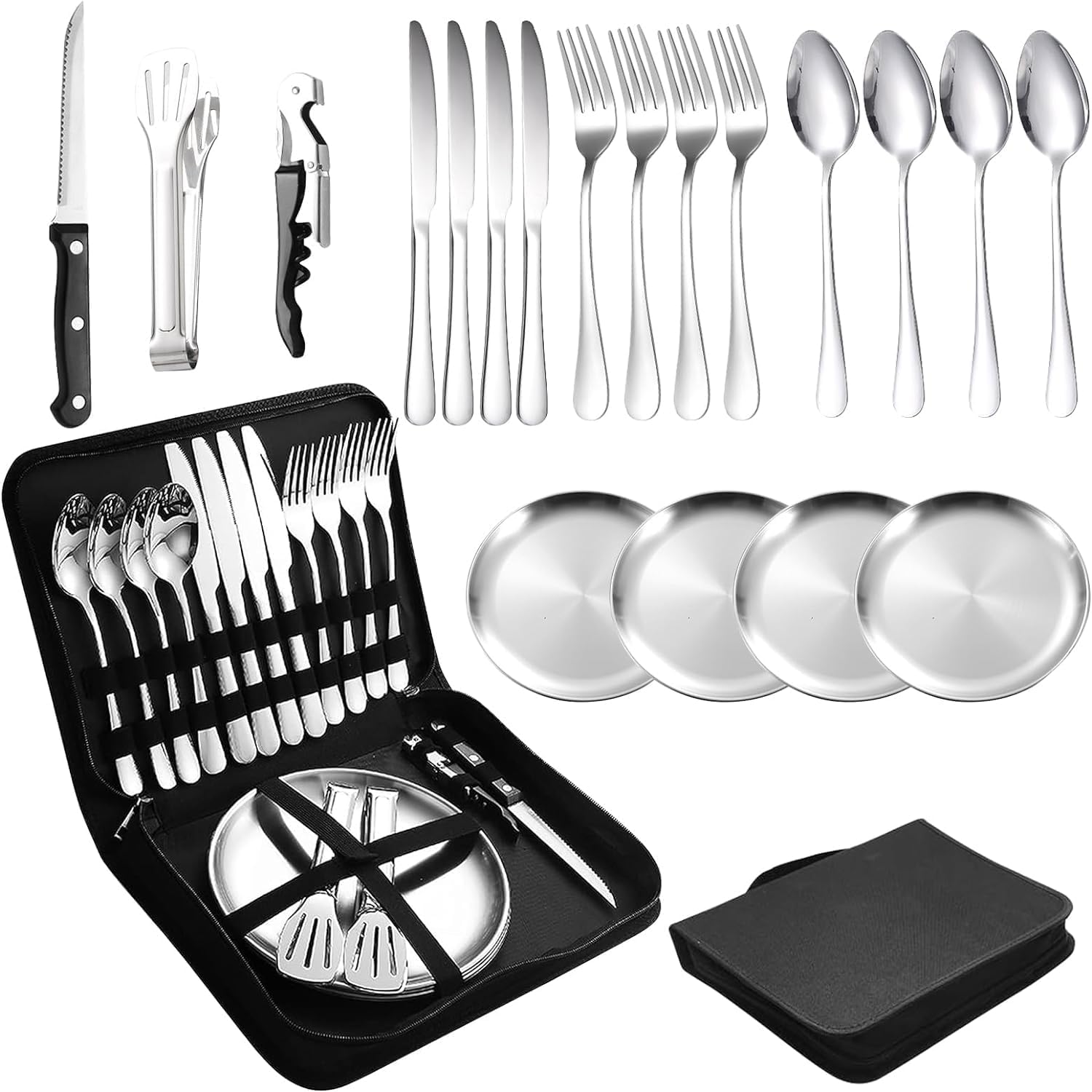 Sponsored Ad - Camping Crockery Set, Silver, 20-Piece Cutlery for 4 People, Portable Stainless Steel Picnic Tableware With Case, Ideal for Travel, Hiking and Outdoor Picnics