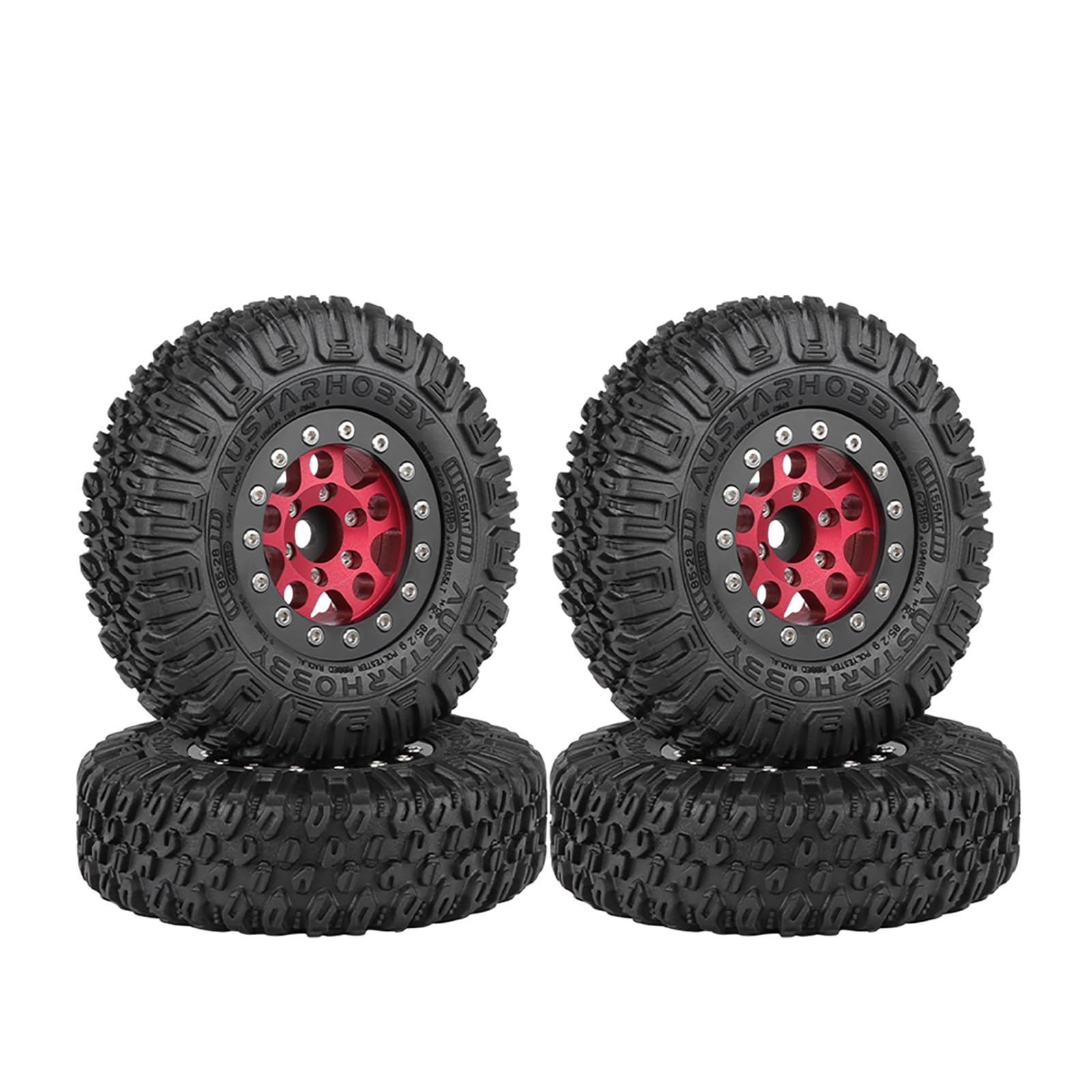 KINGCOO 4PCS 1.55Inch Aluminum Alloy Metal 5Spoke Beadlock Wheel Rims and Rubber Tires Set for 1/10 RC Rock Crawler Car for Axial AX90069 UTB18 D90 TF2 Tamiya Upgrade Parts (Red, 85MM)