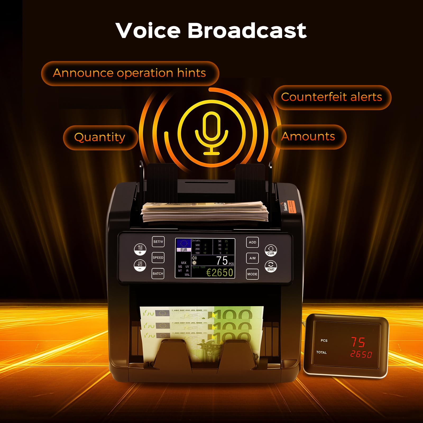 Bonvoisin Conta Banconote, Conteggio del Valore per Banconote Miste in Euro con Rilevamento di Contraffazione UV/MG/IR/MT, 1500 Pezzi/min, Macchina Conta Soldi Professionale con TFT e Display Esterno