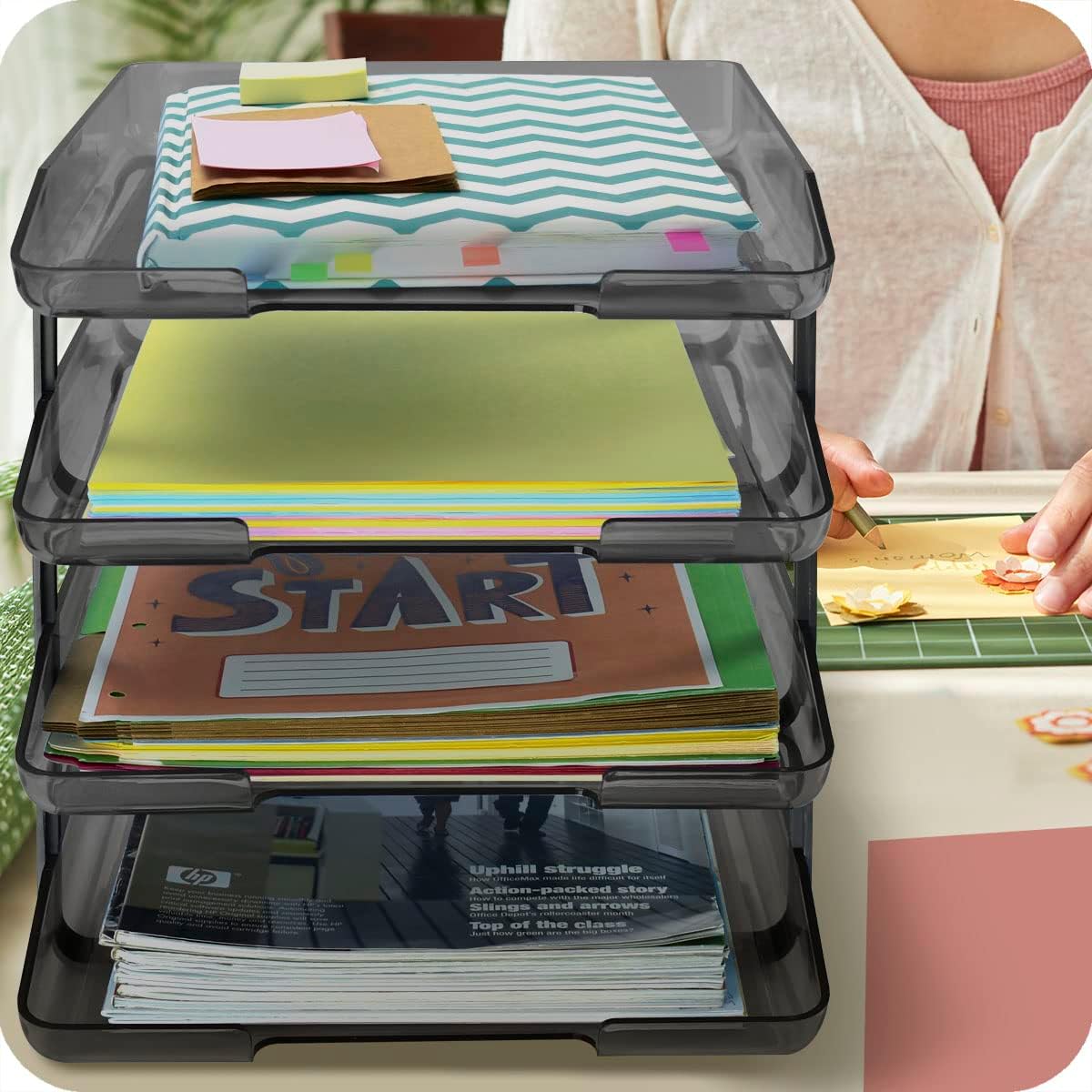 Acrimet Traditional 4 Tier Letter Tray, Front Load Design, A4 Letter Size, Desktop Organizer (Plastic) (Clear Gray Color)