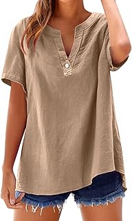 Summer Tops for Women 2025 Casual Cotton Linen Shirts Short Sleeve Solid Color Blouses Loose Work Tops with Pockets