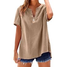 Summer Tops for Women 2025 Casual Cotton Linen Shirts Short Sleeve Solid Color Blouses Loose Work Tops with Pockets
