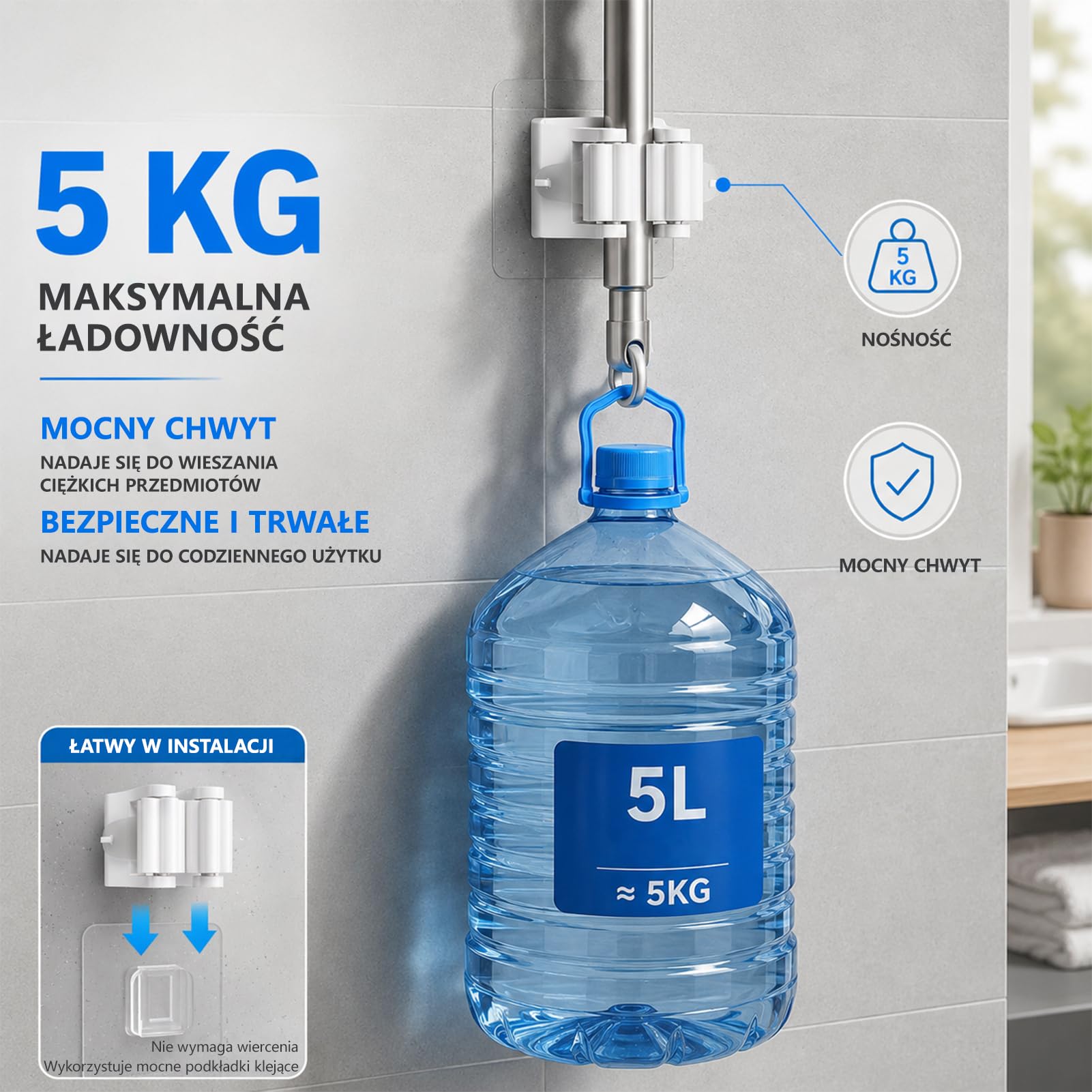 4 Szt. Samoprzylepne Uchwyty na Miotły, Wieszaki Ścienne na Miotły i Mopy, Bez Wiercenia, Łatwy Montaż, Zastosowanie w Kuchni, Łazience, Ogrodzie, Garażu i Innych Pomieszczeniach