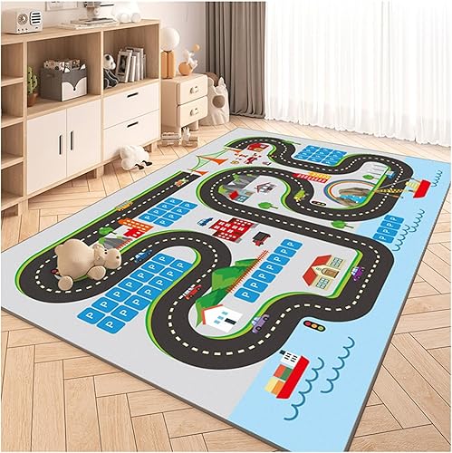 Car Road Play Rugs, 4.6'x6.6' Parking Lot City Roads Traffic Track Floor Mat Non-Slip Washable City Map Educational Fun Carpet Rugs for Playroom