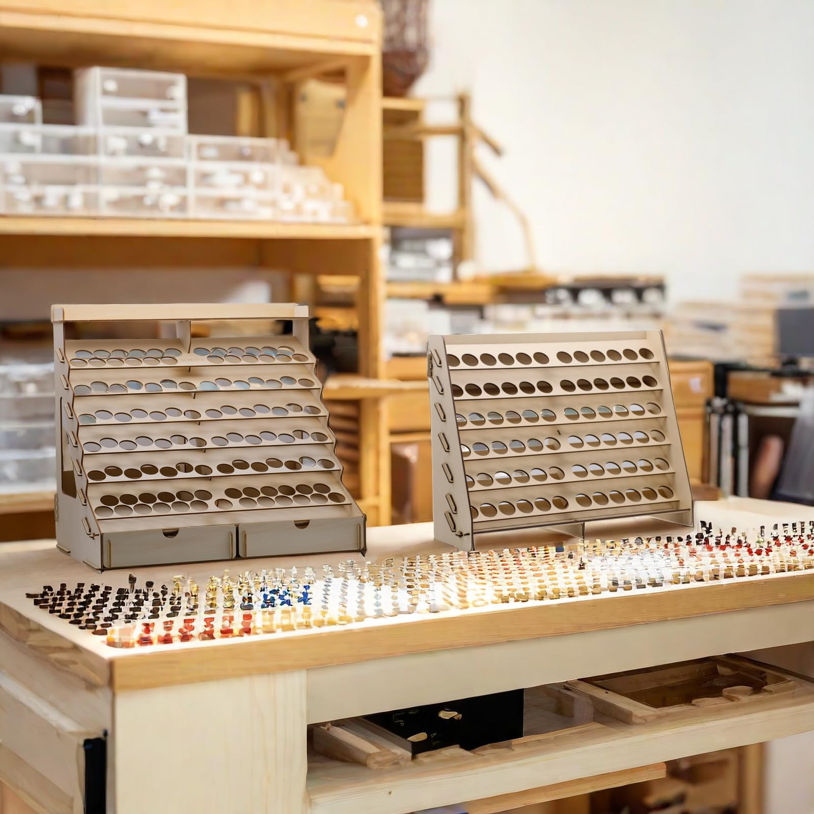 Modułowy drewniany organizer na farby rzemieślnicze, pomieści 105 butelek farb Vallejo, 14 pędzli, 2 szafki i miniaturowe stojaki, stojak do przechowywania narzędzi artystycznych do