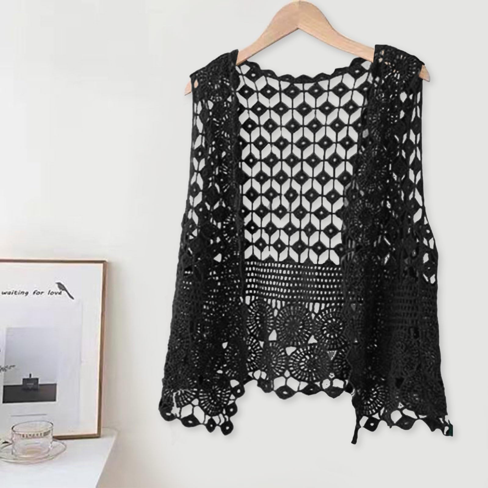 Gilet Sans Manche Crochet Femme 2026 en Dentelle Ajourée, Gilet Léger Ouvert Bohème pour Été Plage Superposition sur Tops et Robes Modèle Décontracté Respirant Idéal Vacances Balade Estivale Sorties