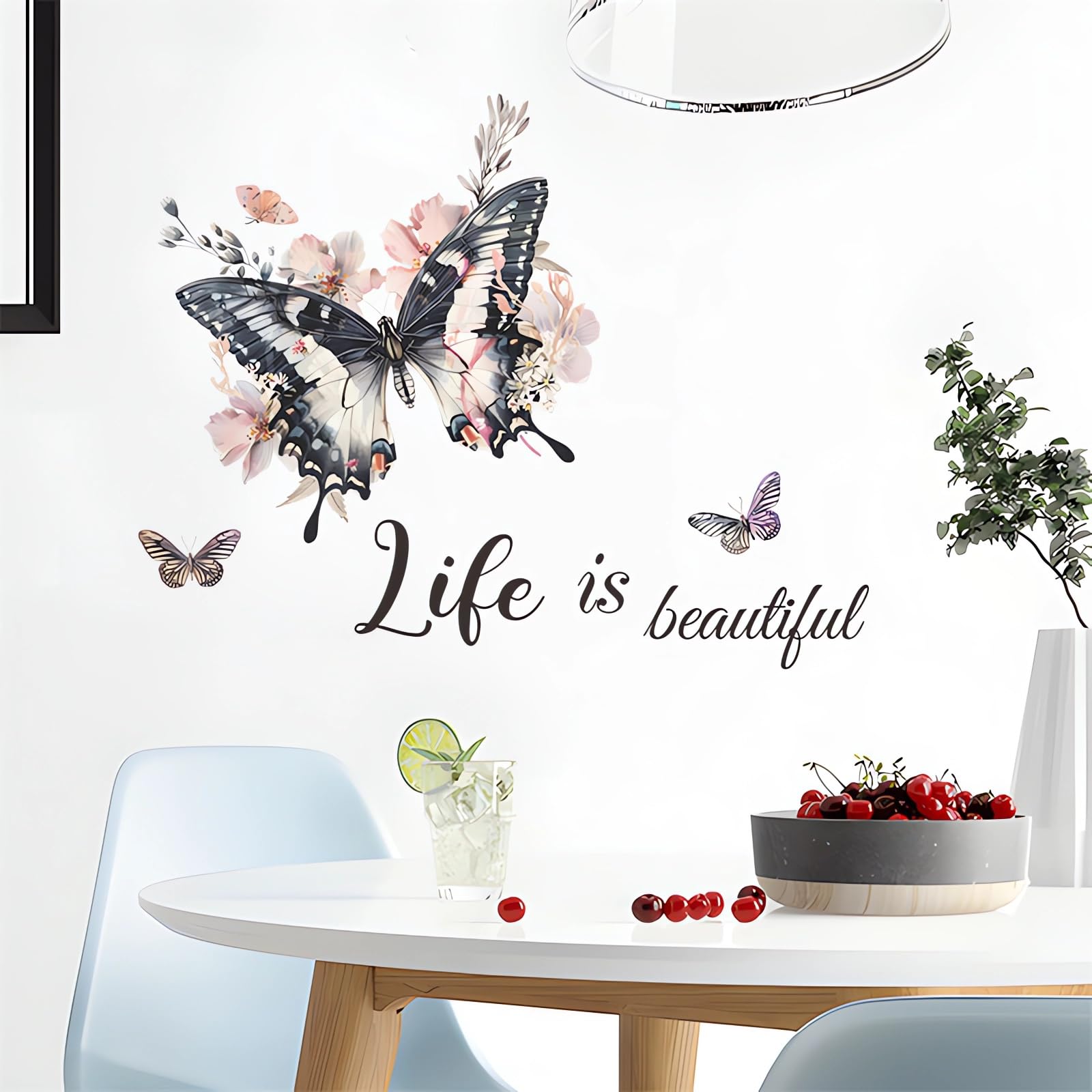 Calcomanías de pared personalizadas de mariposa negra, calcomanías de pared con diseño de mariposas «Life is Beautiful», vinilo extraíble para despegar y pegar para sala de estar,