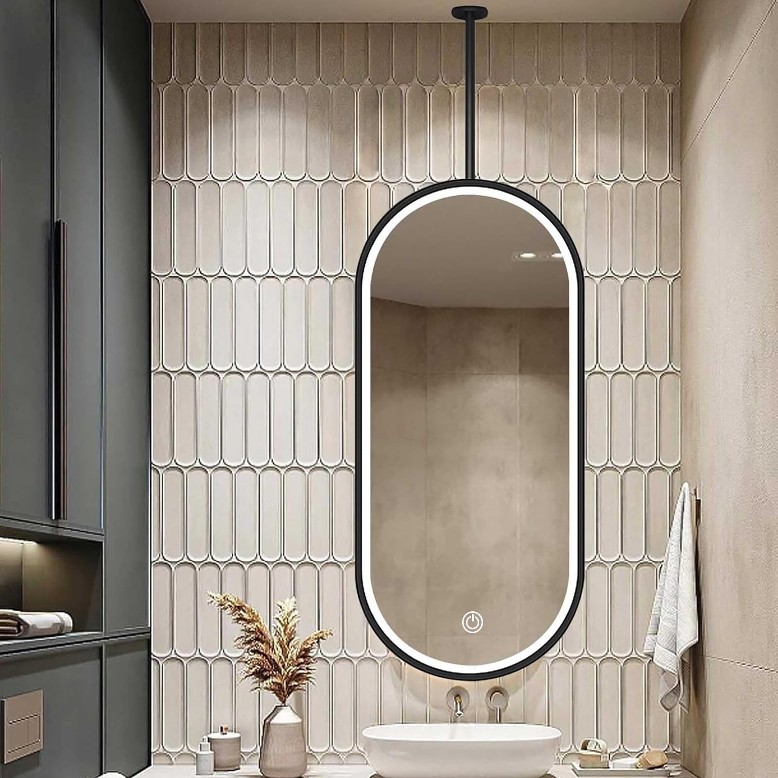 FGXHHS LED Hanging Mirror with Light Ceiling Mount Mirrors Touch Screen Control Black Oval Home Hotel Bathroom Vanity Makeup Mirrors(50cmx100cm)