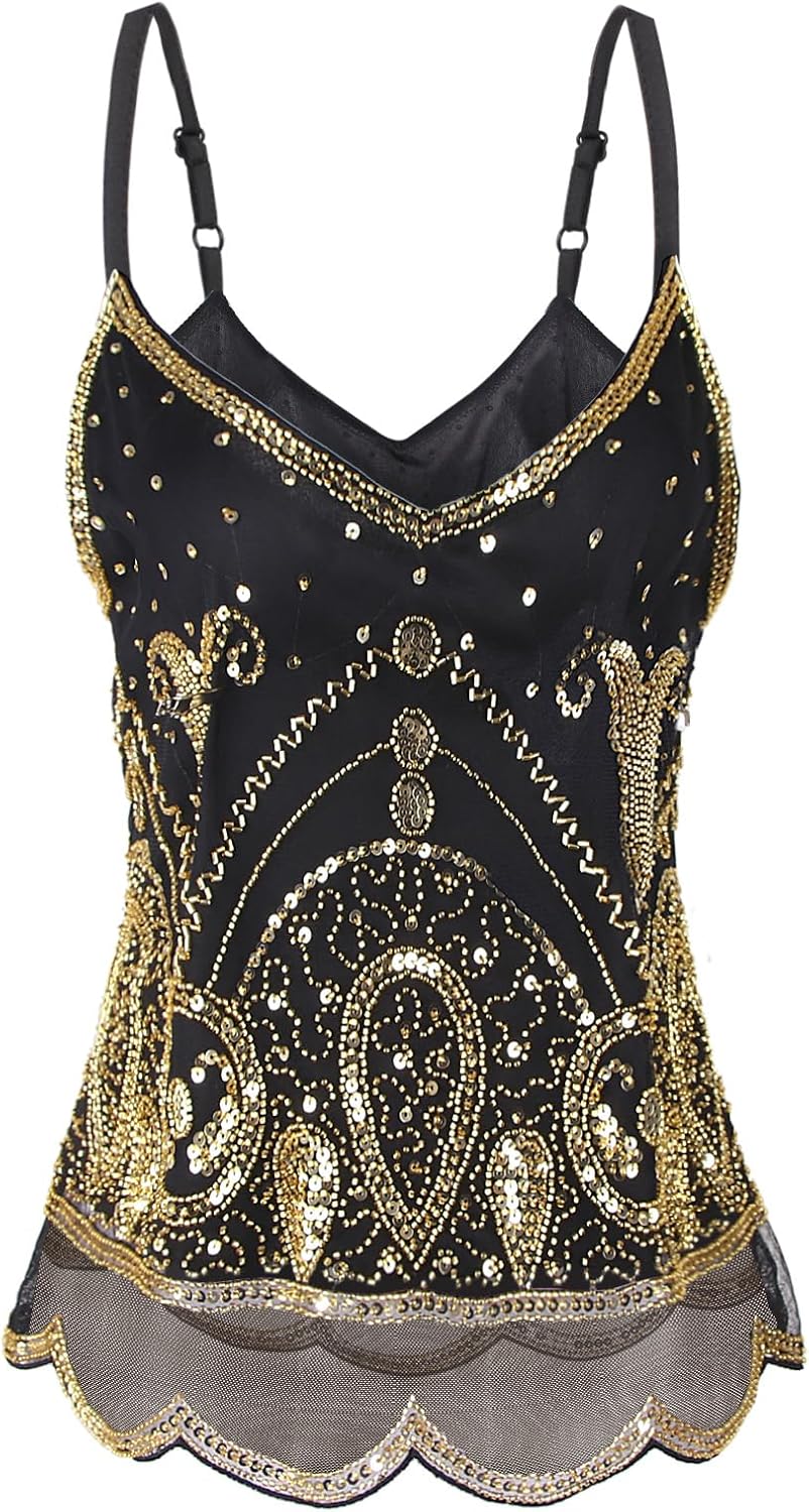 Vijiv Women's 1920s Inspired Beaded Sequin Top Shimmer Glitter Blouse V Neck Tank Top Formal Gatsby Shirt - Image 5