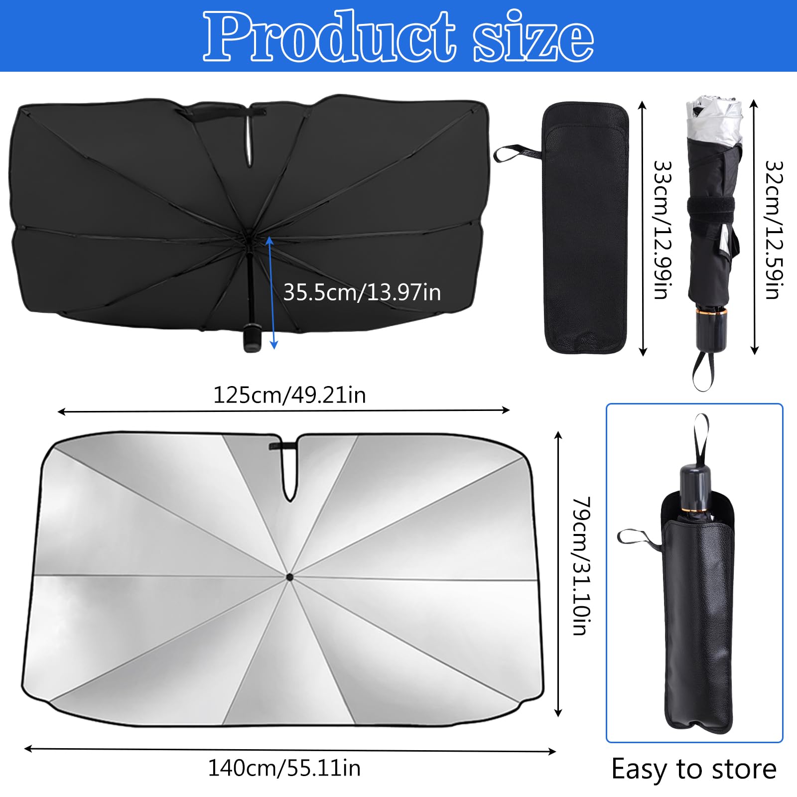 Taufe Parasole Auto Parabrezza Interno,140 * 79cm Pieghevole Ombrello Parasole Auto,Parasole per Auto,Protezione UV e dal Calore,Riflettente,per Parabrezza adatto alla maggior parte delle Auto