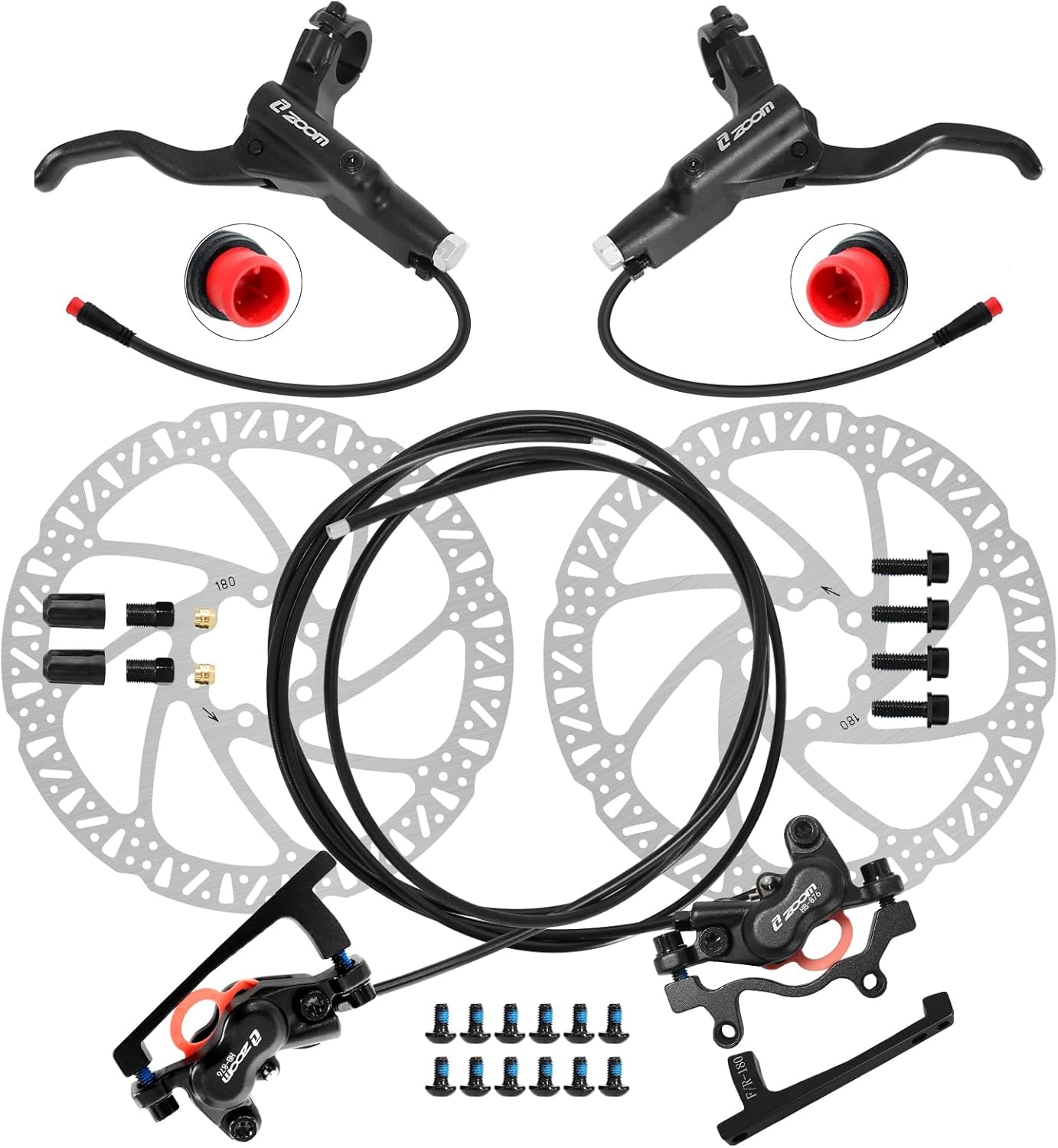 Z00M HB876E 2-PIN 4-Pistons E-Bike Electric Power-Off Hydraulic Brake Set with 180mm Rotors, Pre-Bled with Mineral Oil Brakes Kit for eBike, Mountain Bike, Road Bike