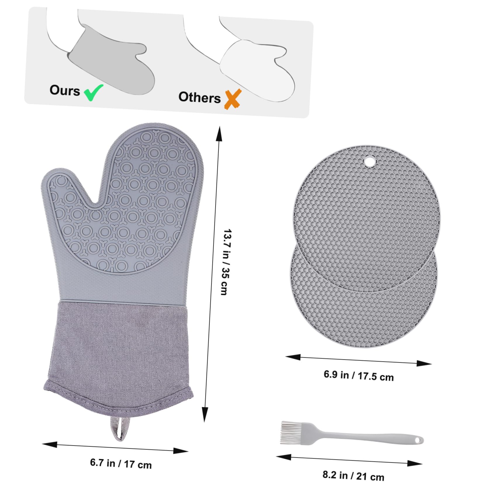 Ofenhandschuhe 5 Stück mit Rutschfester Oberfläche aus Silikon Hitzebeständige Inklusive Backmatte und Ölpinsel für Sicheres Backen und Grillen zu Hause