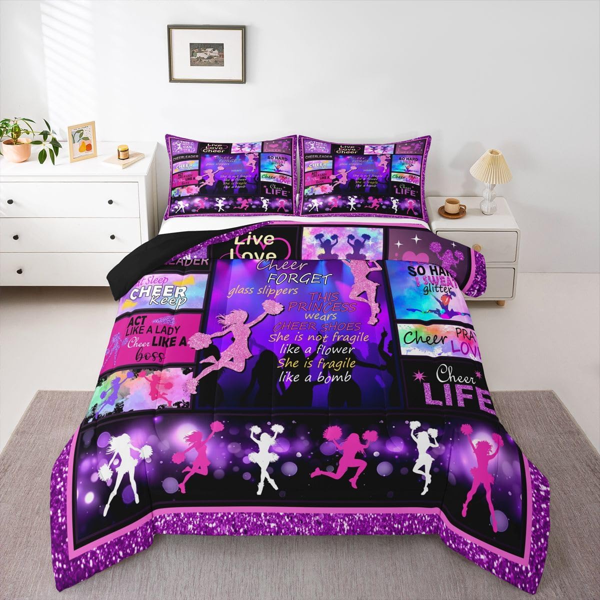 Erosebridal Cheerleader Comforter Set Twin Dancer Bedding Set for Kids Girls Women Adults Pink Glitter Cheer Themed Quilt Set Geometric Checkered Duvet Insert with 1 Pillowcase Bedroom Decor