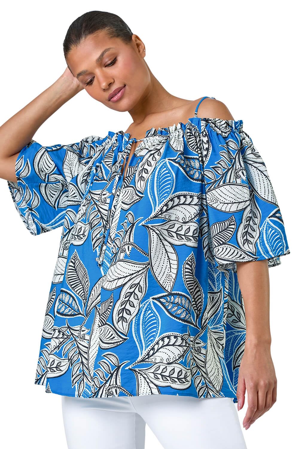Roman Originals Women's Blue Roman Leaf Print Cold Shoulder Bardot Top For Uk Spring Everyday Summer Holiday Short Sleeve Soft Tie Detail Comfy Woven Fabric Shirt Vacation Beach - Size 10