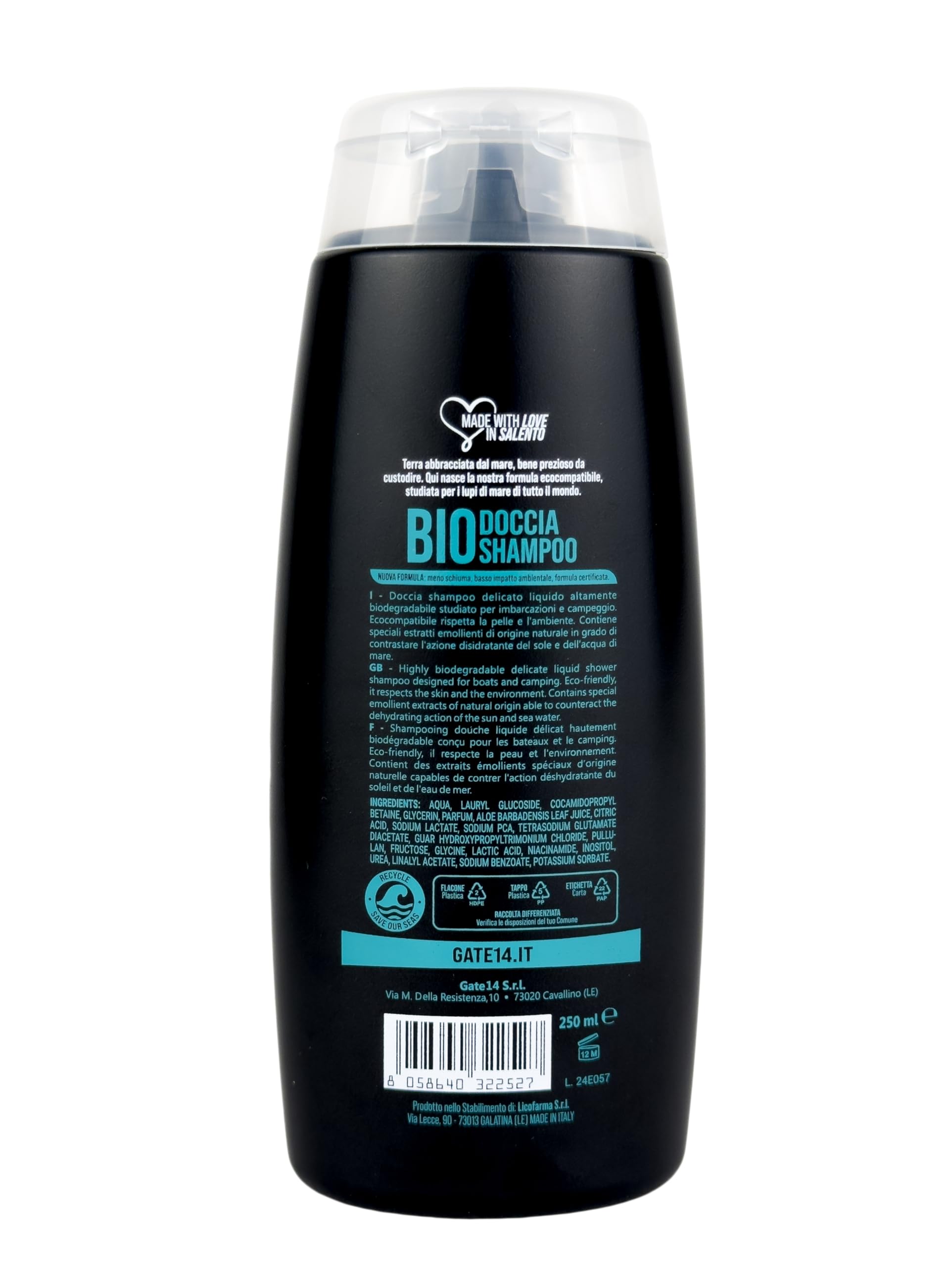 GATE14® Doccia Shampoo Bio Altamente Biodegradabile specifico per Acqua di Mare - 1 Flacone