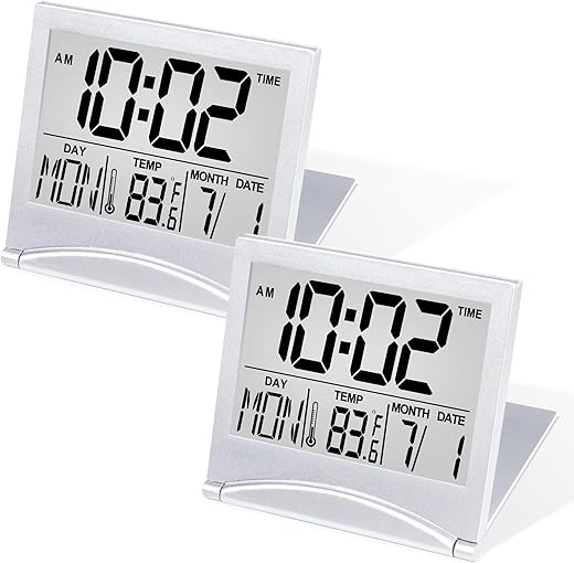 Betus Digital Travel Alarm Clock - Foldable Calendar Temperature Timer LCD Clock with Snooze Mode - Large Number Display, Battery Operated - Compact Desk Clock for All Ages (Silver Pack of 2)