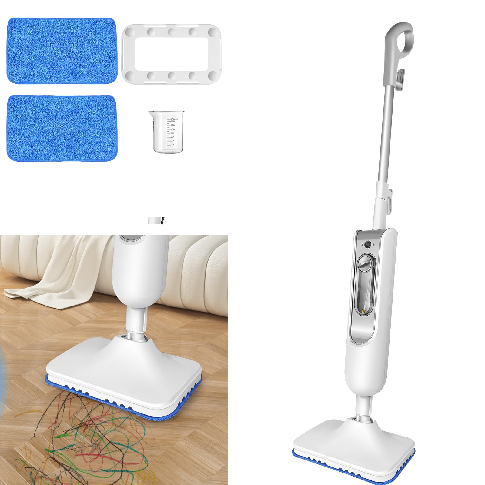 Nettoyeur vapeur manuel 1500 W à 2 vitesses avec 2 chiffons de nettoyage pour tous les sols, bancs, salle de bain et tapis, avec réservoir d'eau de 400 ml et câble de 4,8 m