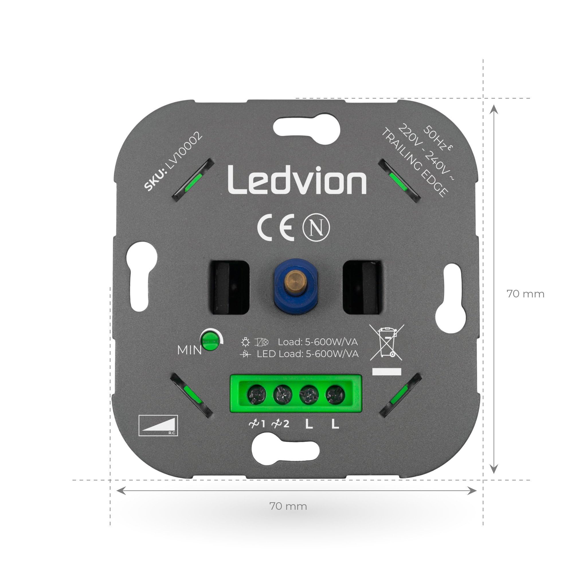 Ledvion - Variateur de Lumiere LED, LED Dimmables 5–600W / Halogène 10–600W, Couverture Blanche, à Découpage de Phase, Variateur Rotatif Encastré, Interrupteur Variateur LED