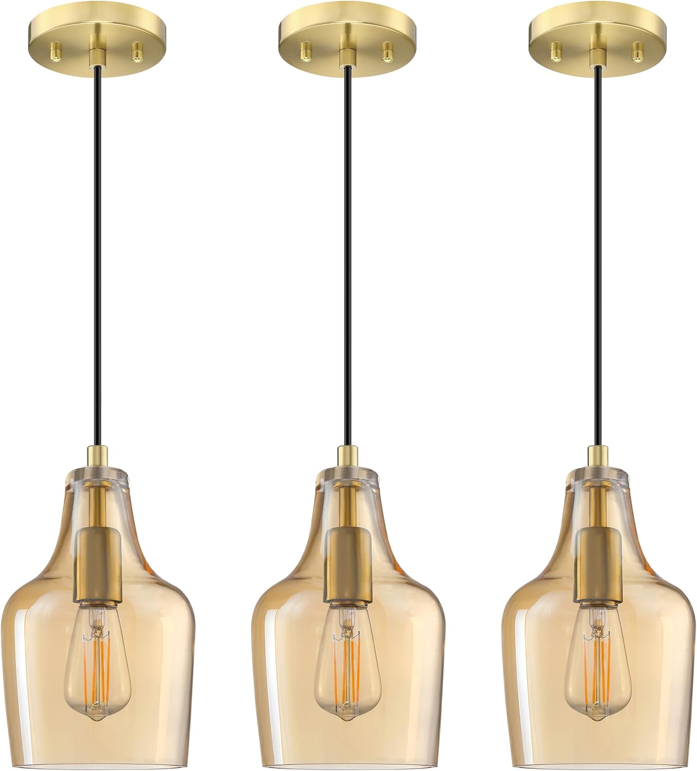 3 Pack 1 Light Modern Industrial Farmhouse Kitchen Island Hanging Pendant Ceiling Light Fixture,5.5" Clear Amber Glass Brushed Bronze Finish Over Sink Restaurant bar Corridor