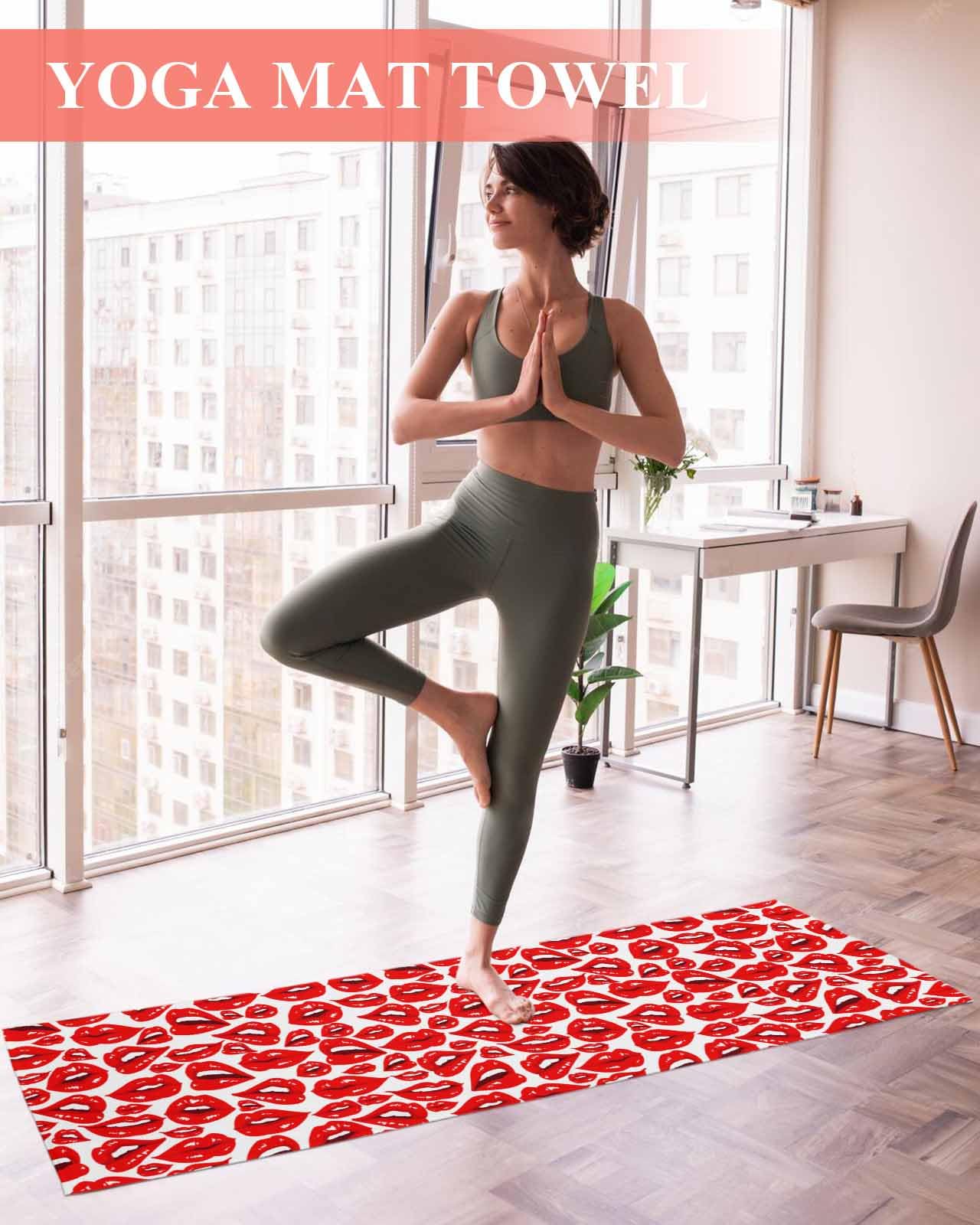DecorLovee Yoga Mat Towel for Hot Yoga, Valentines Absorb Sweat Microfiber Yoga Towel Non Slip Yoga Mat Towel with 4 Corner Pockets for Bikram, Pilates, Red Lip 26