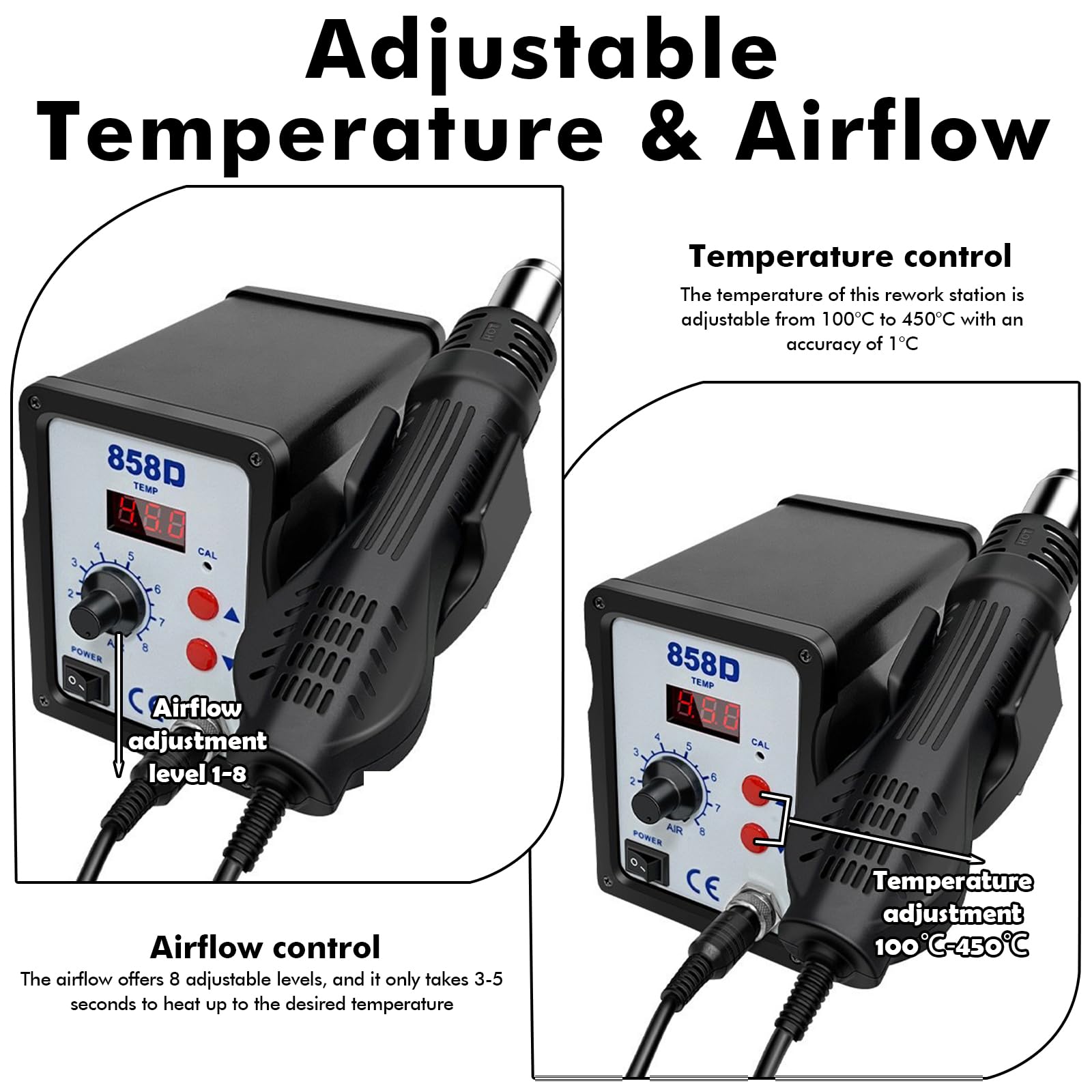 Stazione di saldatura ad aria calda 858D, 700 W, con display digitale, stazione dissaldante SMD, stazione di saldatura ad aria calda con temperatura regolabile 100 – 450 °C, 3 ugelli, funzione di