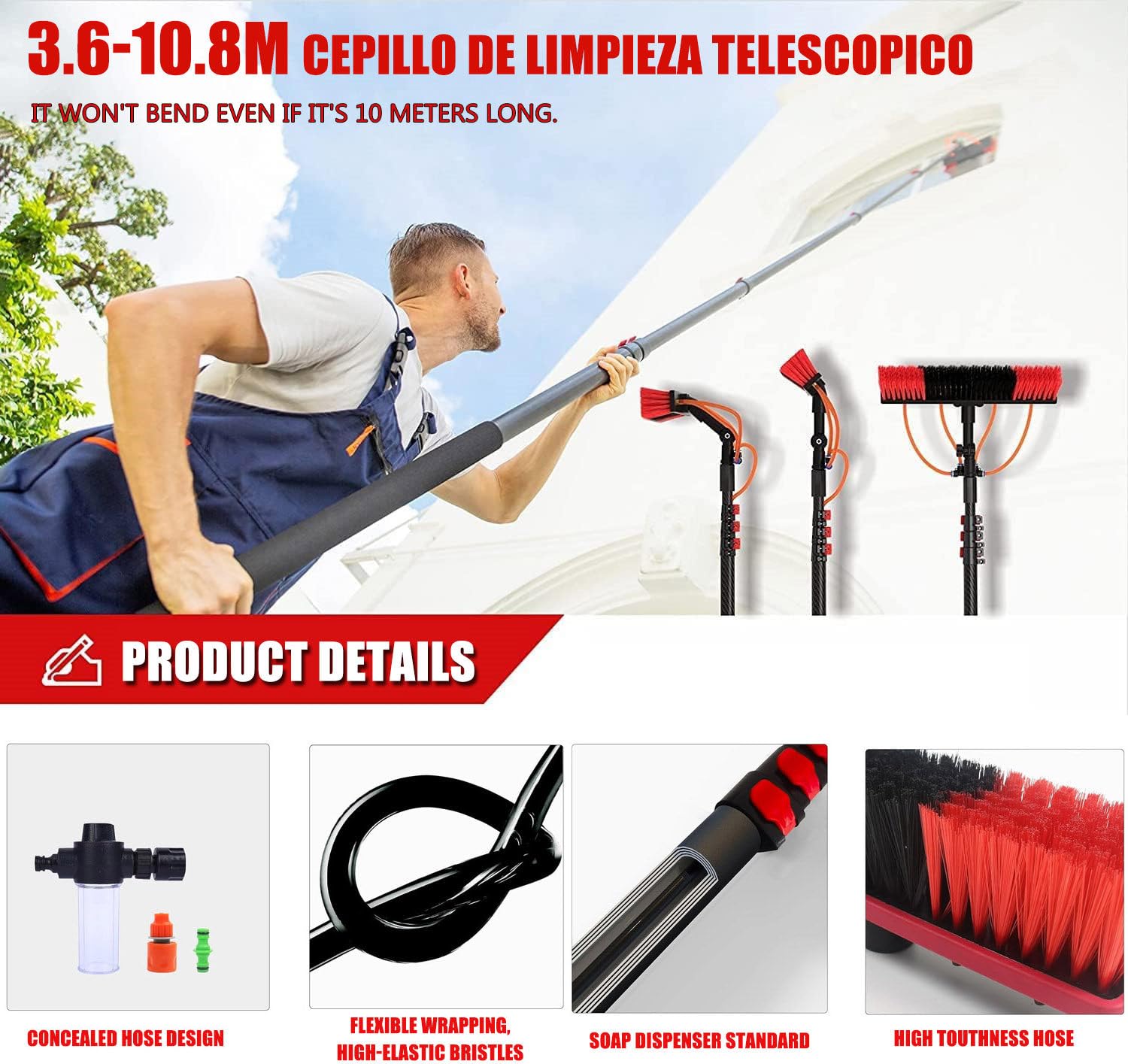 Poste Limpieza Ventanas, 3.6-7m Herramienta De Limpieza De Paneles Fotovoltaicos Cepillo De Limpieza De Vidrio, Lavado De Camiones De Invernaderos Ventanas Cartelería,6m