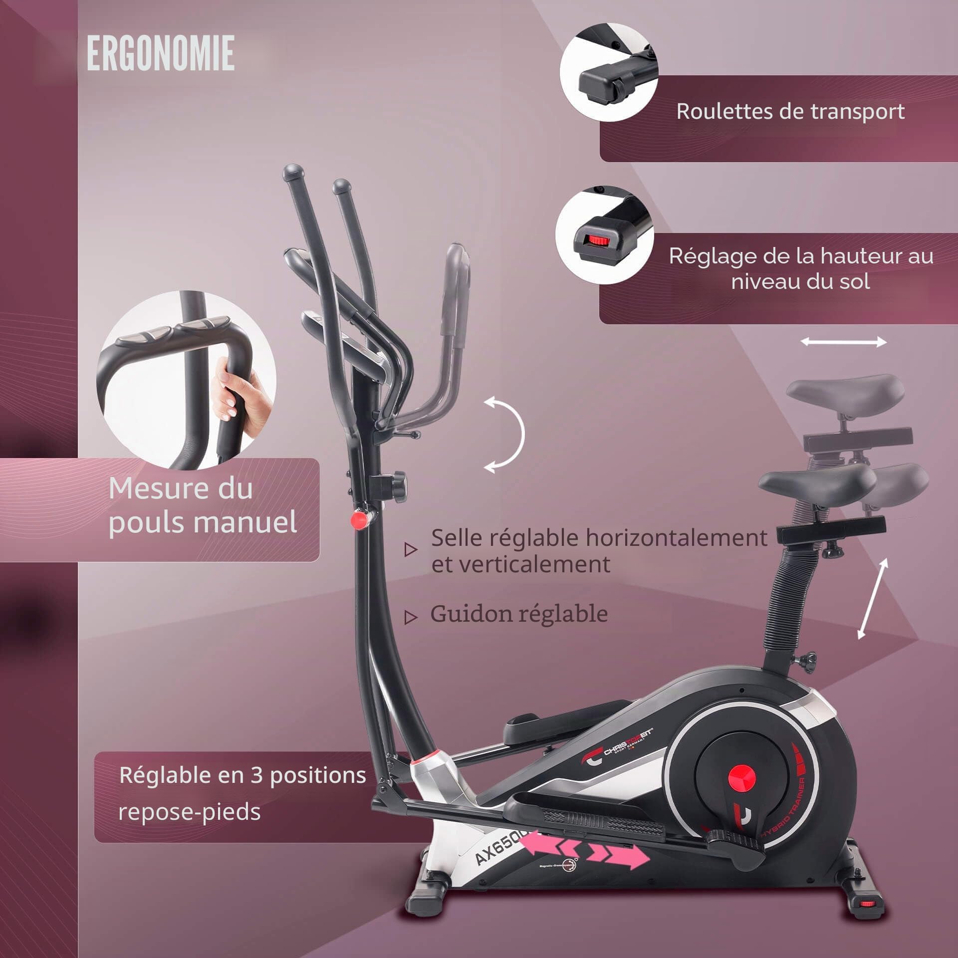 Christopeit Sport AX 6500 Vélo hybride 2 en 1 – 10 niveaux de résistance, avec système de freinage magnétique, poids jusqu'à 150 kg